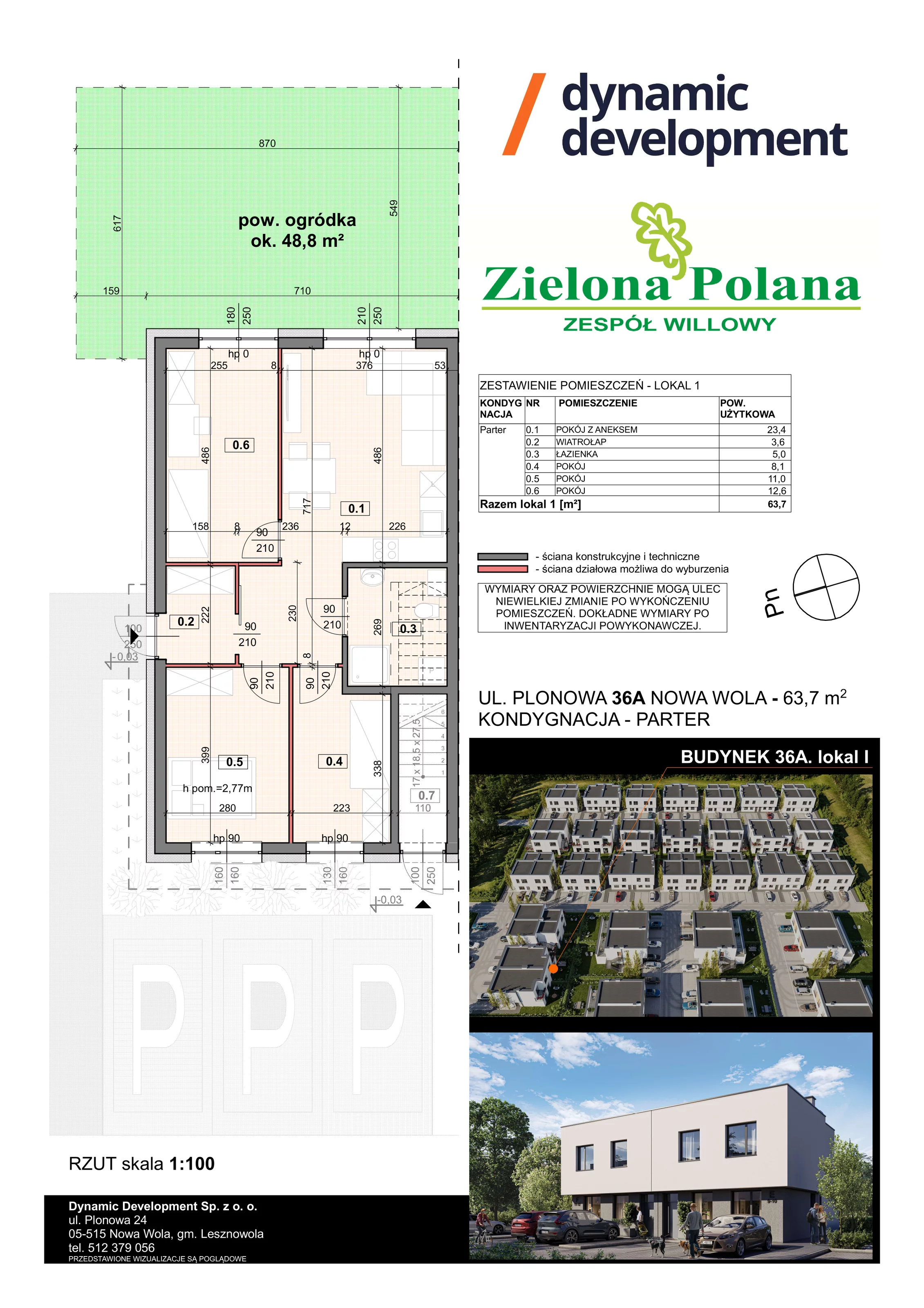 4 pokoje, apartament 63,70 m², parter, oferta nr 36A/1, Zielona Polana Etap 6, Nowa Wola, ul. Plonowa 36