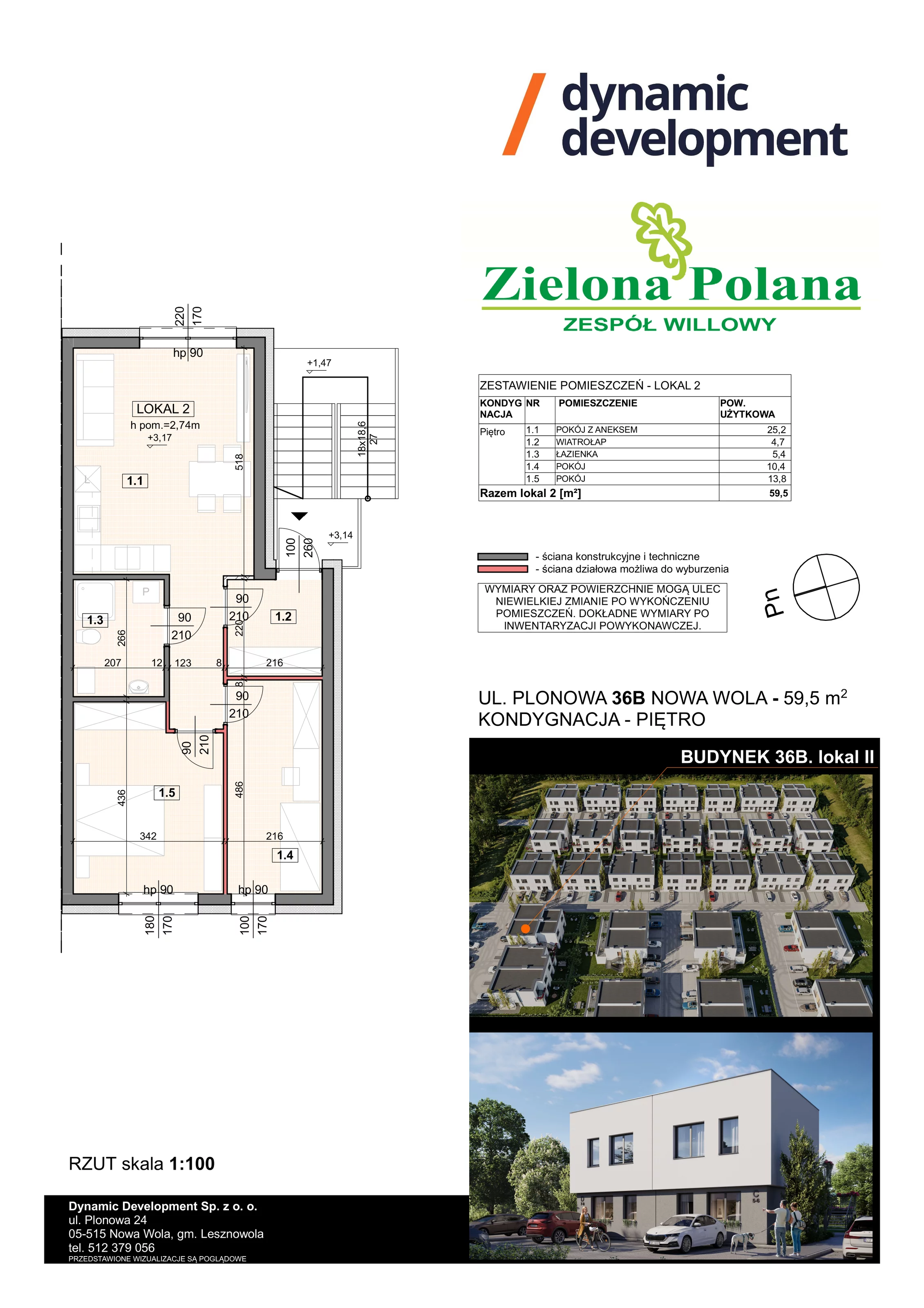 3 pokoje, apartament 59,50 m², piętro 1, oferta nr 36B/2, Zielona Polana Etap 6, Nowa Wola, ul. Plonowa 36