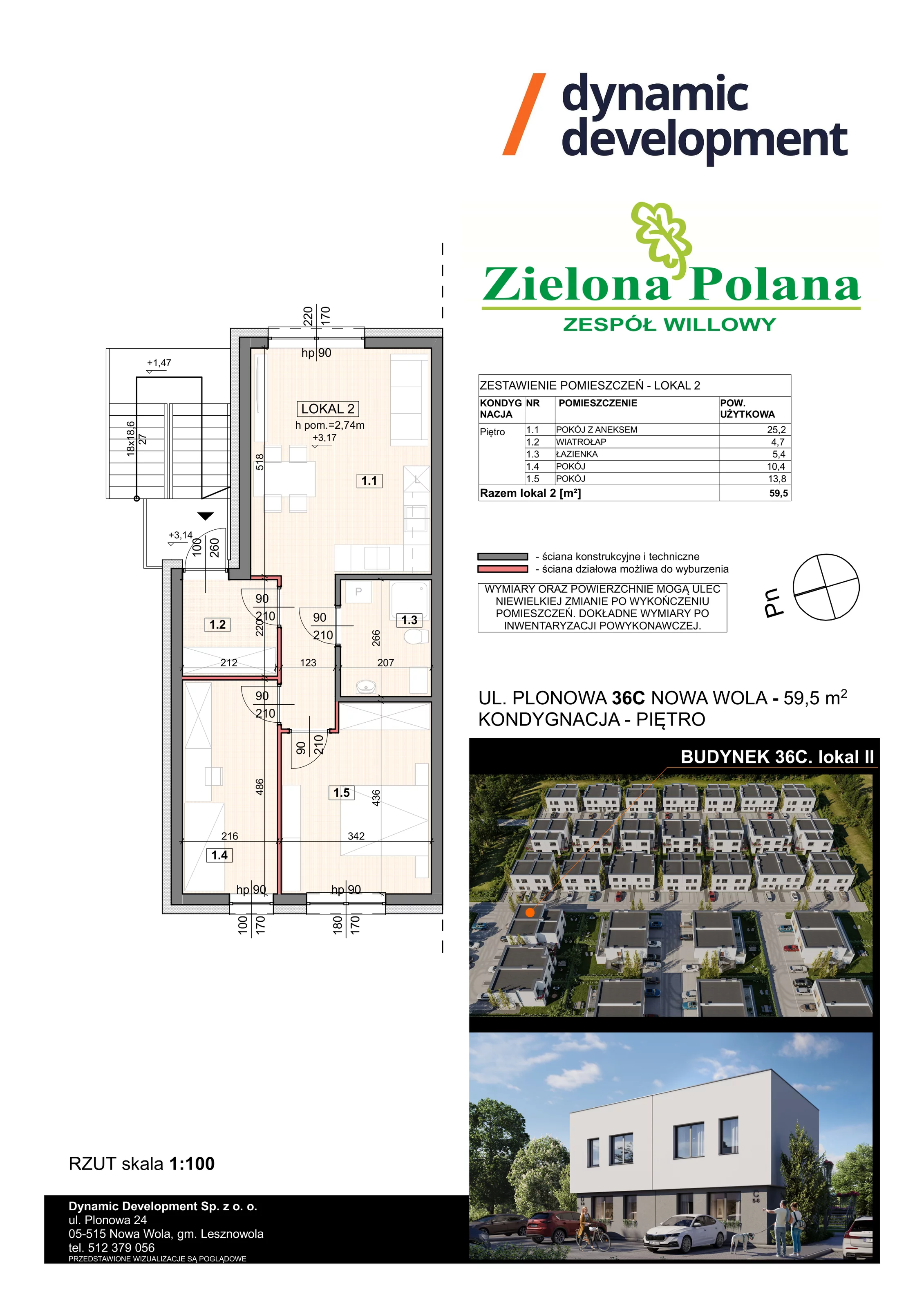 3 pokoje, apartament 59,50 m², piętro 1, oferta nr 36C/2, Zielona Polana Etap 6, Nowa Wola, ul. Plonowa 36