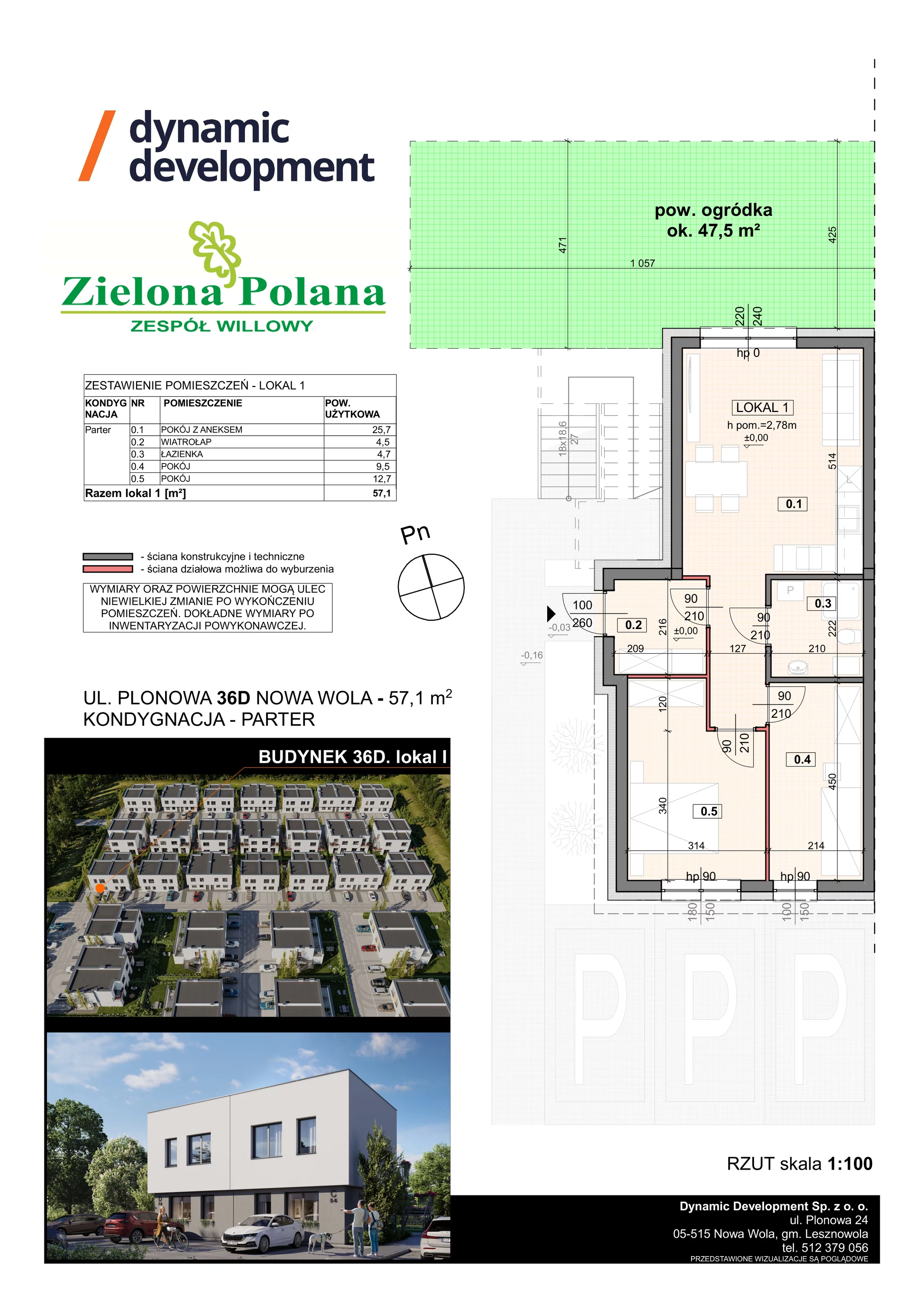 3 pokoje, apartament 57,10 m², parter, oferta nr 36D/1, Zielona Polana Etap 6, Nowa Wola, ul. Plonowa 36