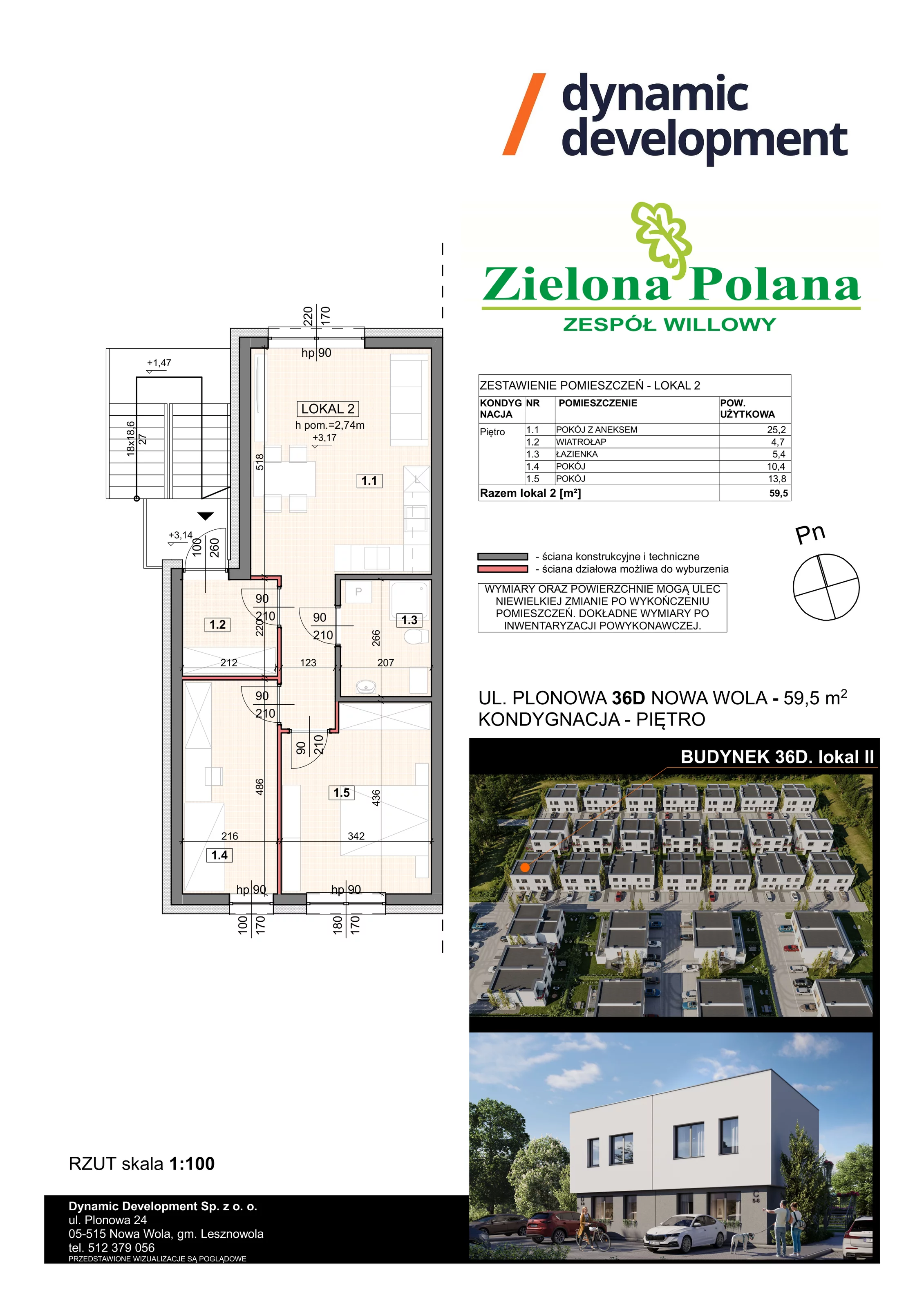 3 pokoje, apartament 59,50 m², piętro 1, oferta nr 36D/2, Zielona Polana Etap 6, Nowa Wola, ul. Plonowa 36