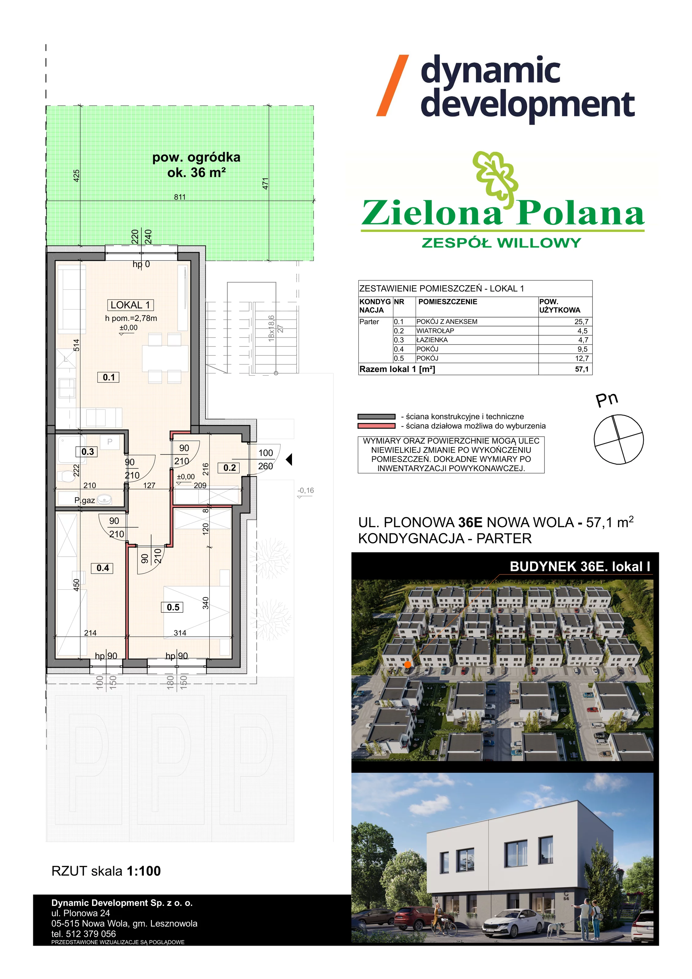 3 pokoje, apartament 57,10 m², parter, oferta nr 36E/1, Zielona Polana Etap 6, Nowa Wola, ul. Plonowa 36