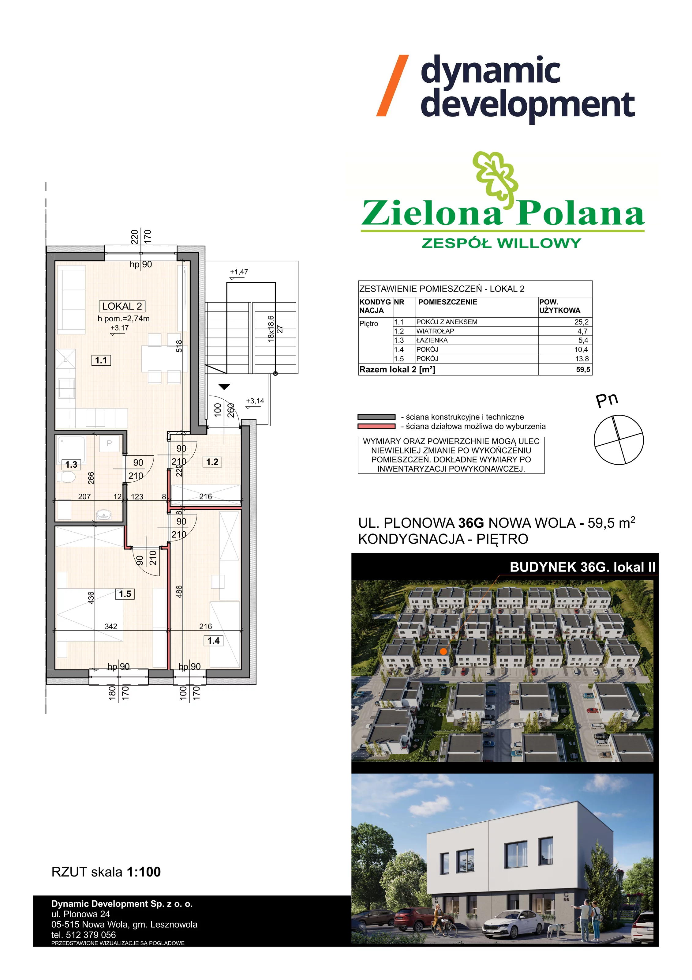 3 pokoje, apartament 59,50 m², piętro 1, oferta nr 36G/2, Zielona Polana Etap 6, Nowa Wola, ul. Plonowa 36