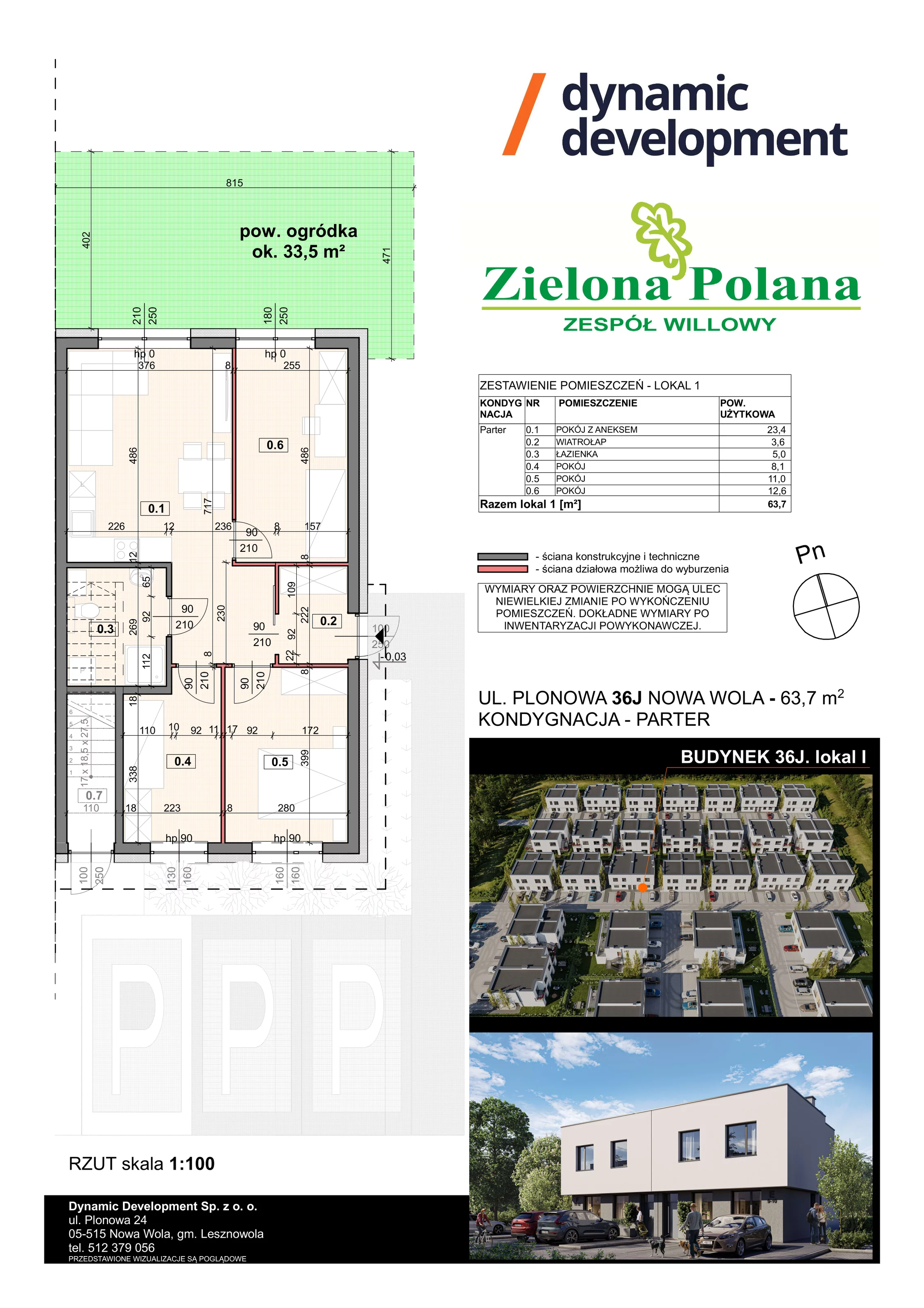 4 pokoje, apartament 63,70 m², parter, oferta nr 36J/1, Zielona Polana Etap 6, Nowa Wola, ul. Plonowa 36
