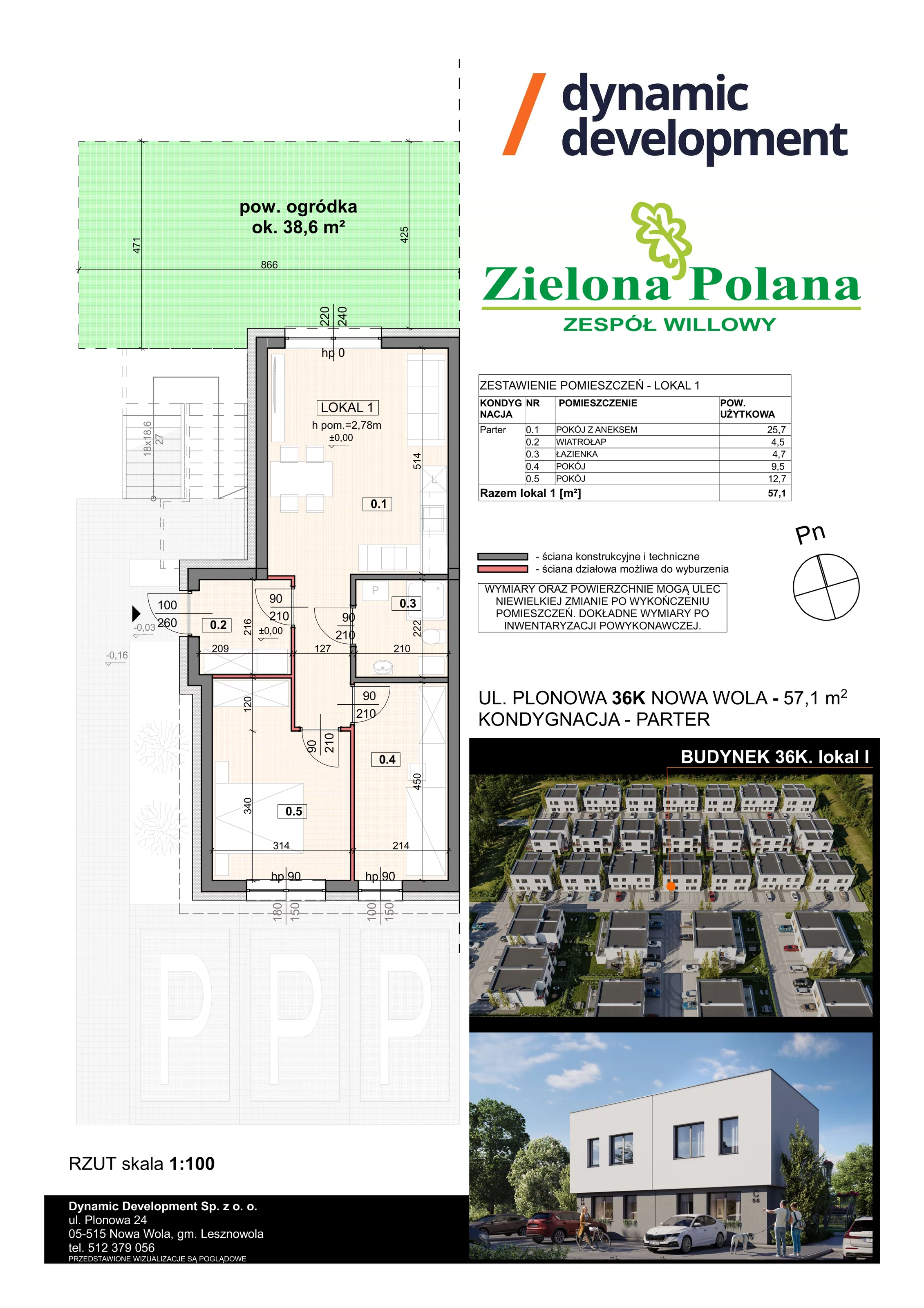 3 pokoje, apartament 57,10 m², parter, oferta nr 36K/1, Zielona Polana Etap 6, Nowa Wola, ul. Plonowa 36