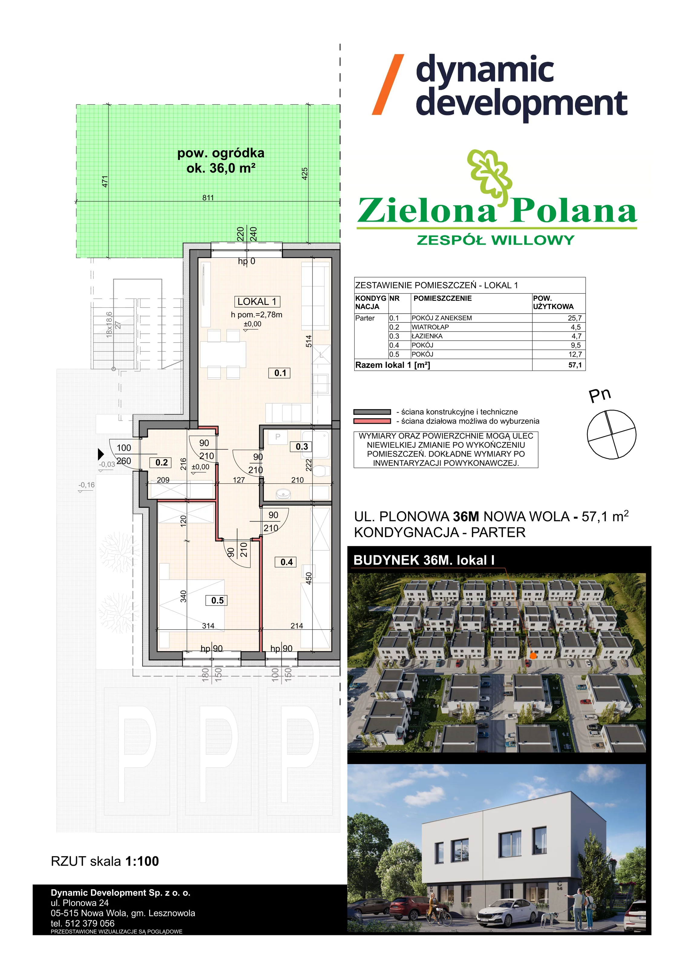 3 pokoje, apartament 57,10 m², parter, oferta nr 36M/1, Zielona Polana Etap 6, Nowa Wola, ul. Plonowa 36