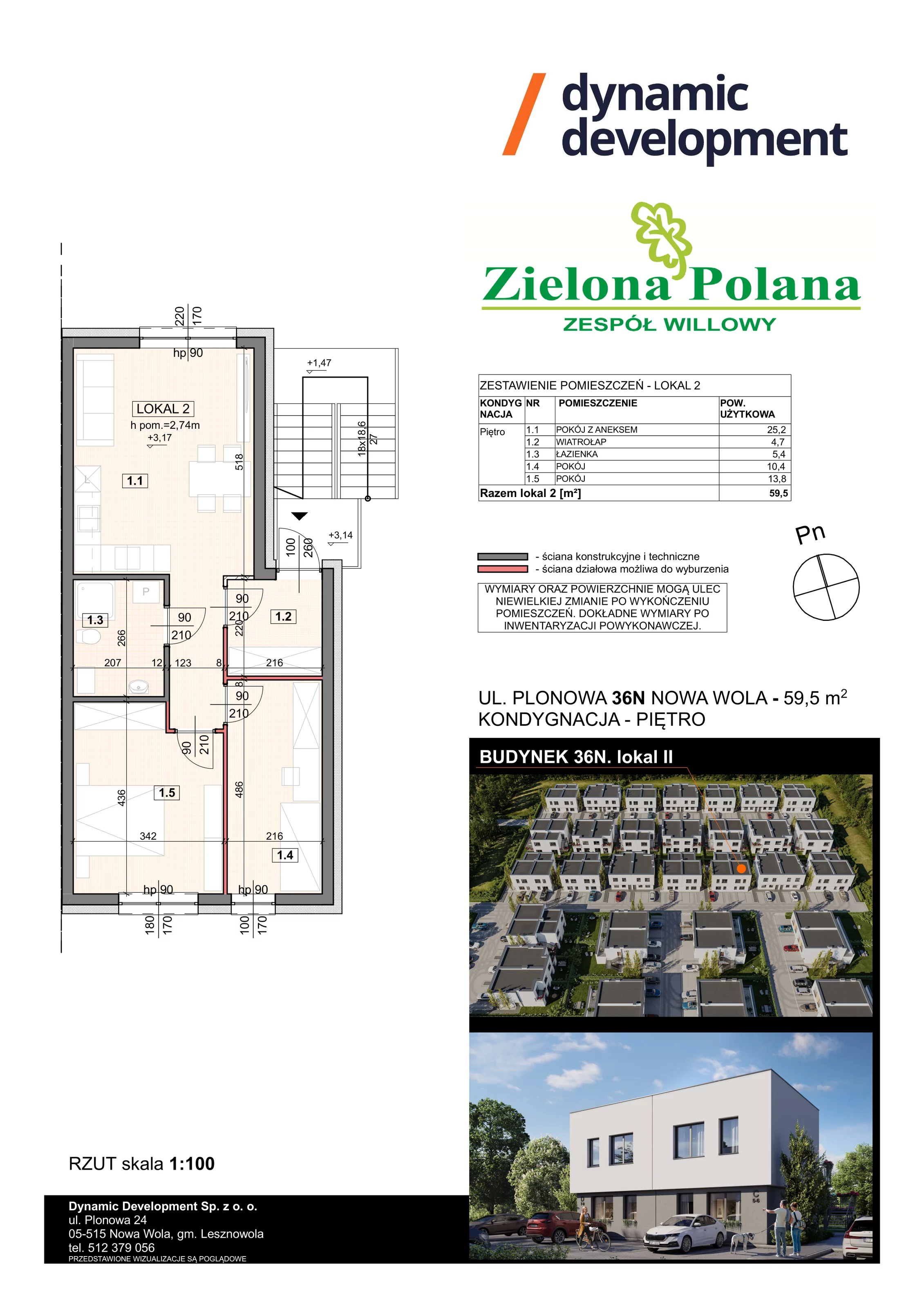 3 pokoje, apartament 59,50 m², piętro 1, oferta nr 36N/2, Zielona Polana Etap 6, Nowa Wola, ul. Plonowa 36