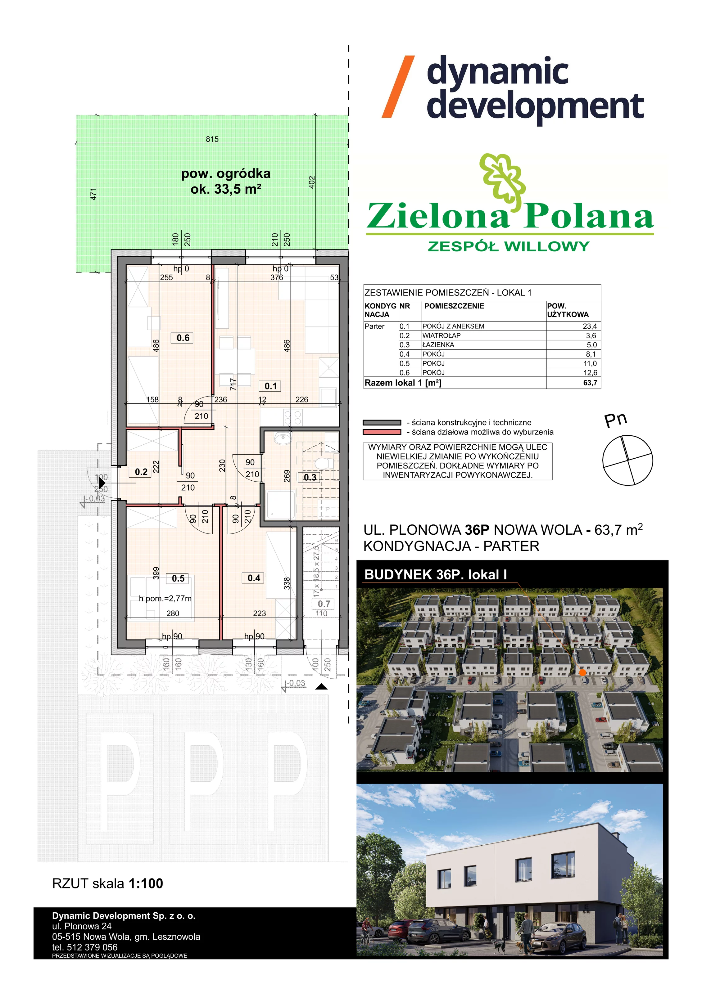 4 pokoje, apartament 63,70 m², parter, oferta nr 36P/1, Zielona Polana Etap 6, Nowa Wola, ul. Plonowa 36