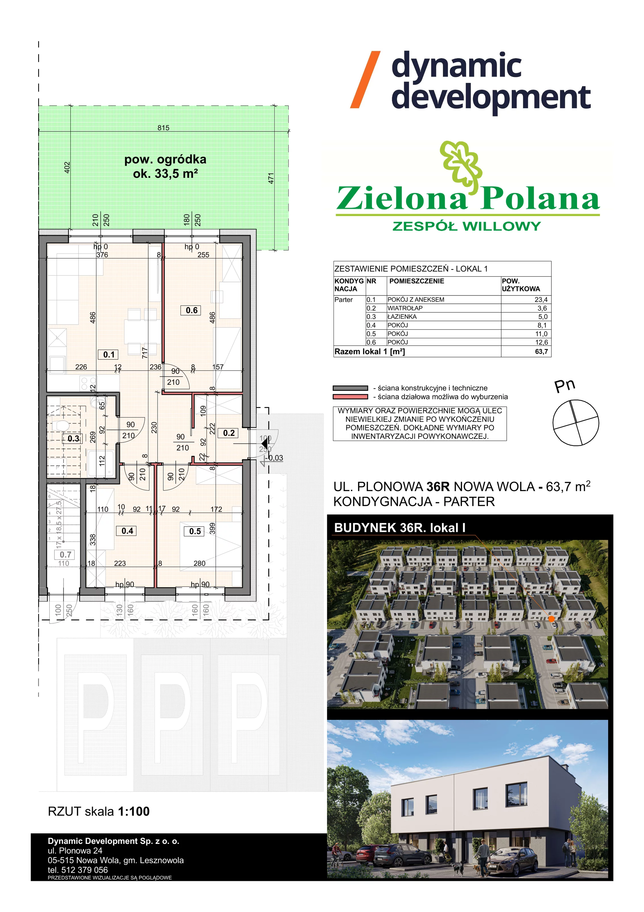 4 pokoje, apartament 63,70 m², parter, oferta nr 36R/1, Zielona Polana Etap 6, Nowa Wola, ul. Plonowa 36