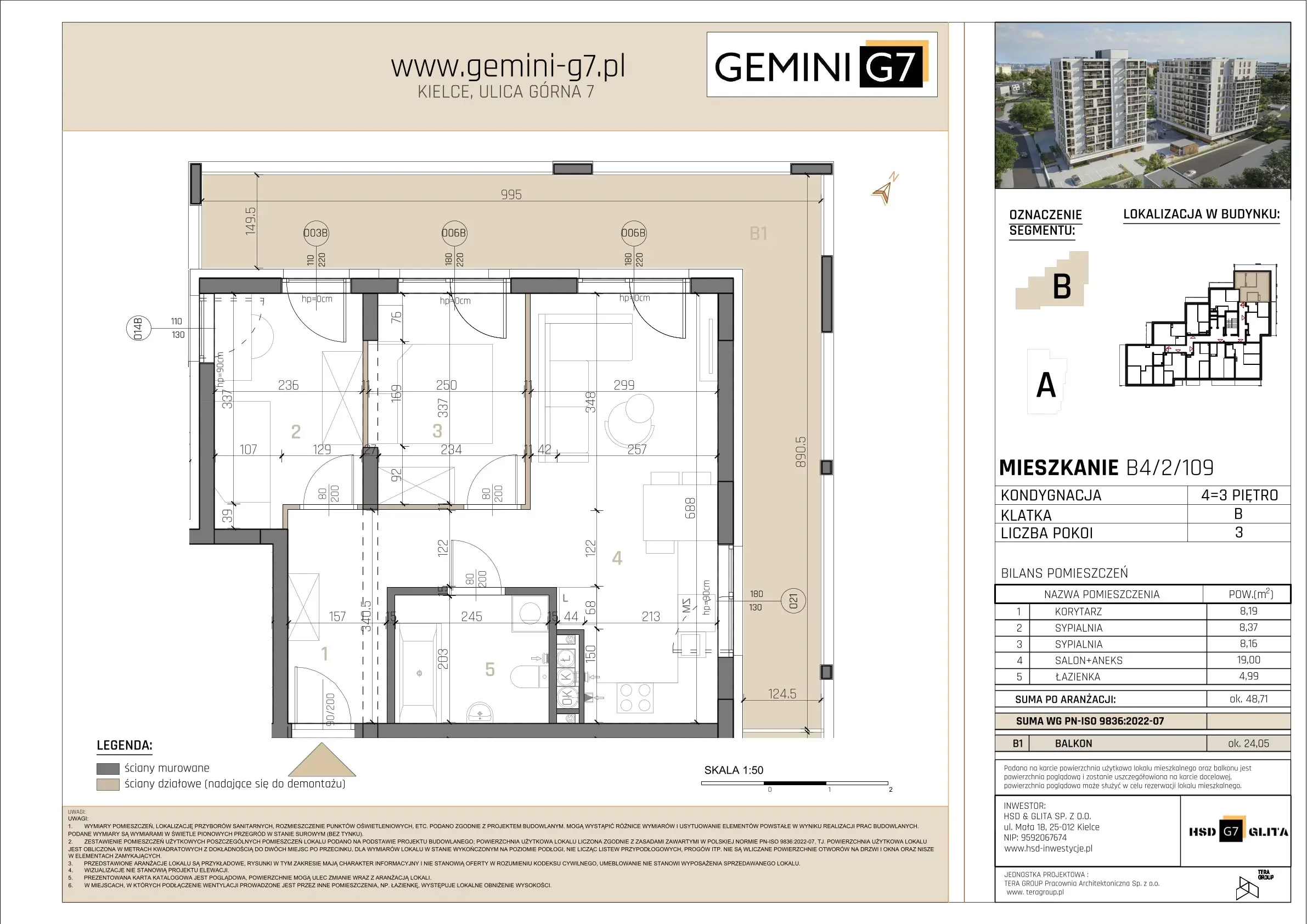 3 pokoje, mieszkanie 48,71 m², piętro 3, oferta nr B/B4-2-109, Gemini G-7, Kielce, Centrum, ul. Górna 7