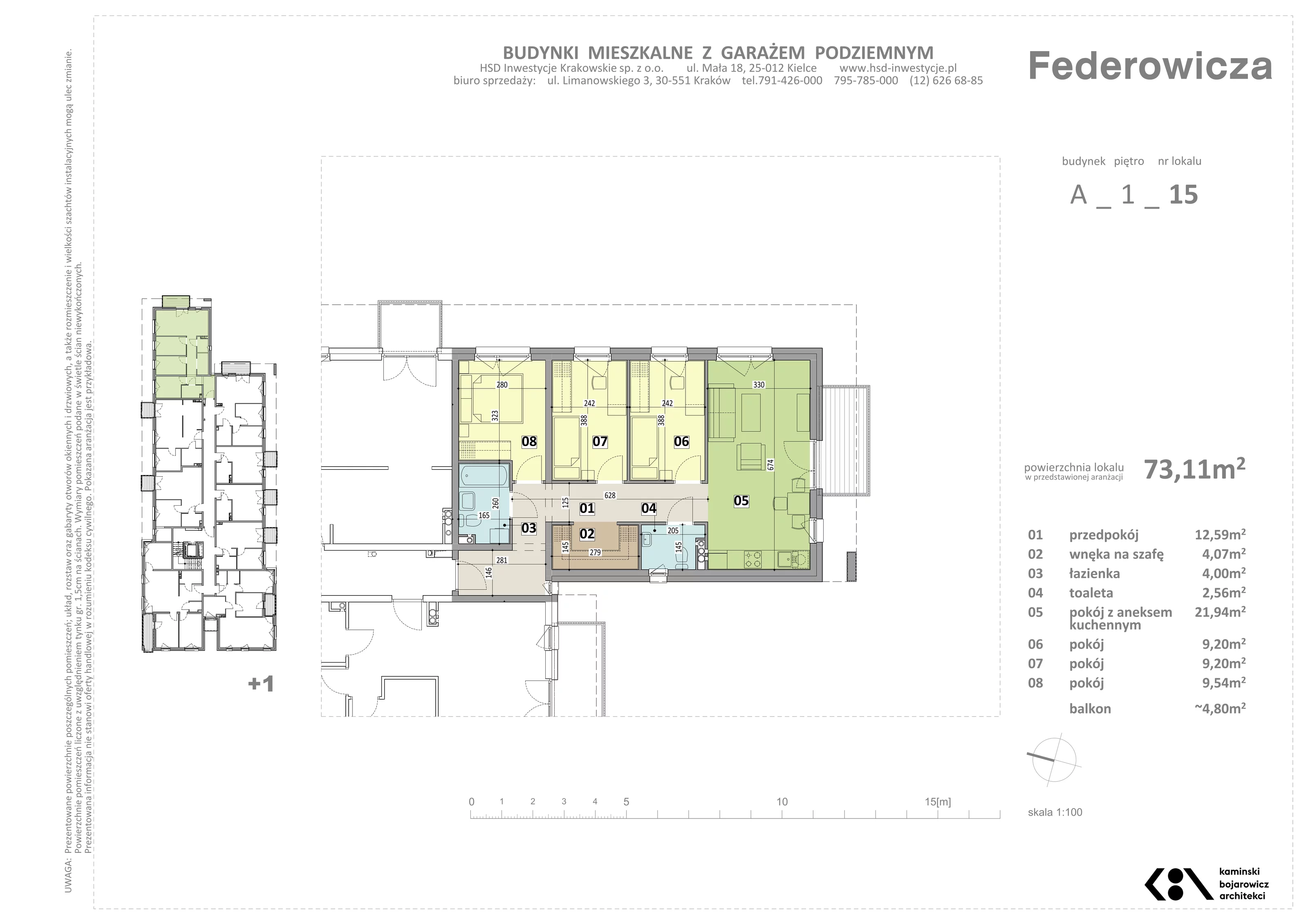 Mieszkanie 73,11 m², piętro 1, oferta nr A/15, Federowicza – Ruczaj Park, Kraków, Dębniki, Skotniki, ul. Federowicza