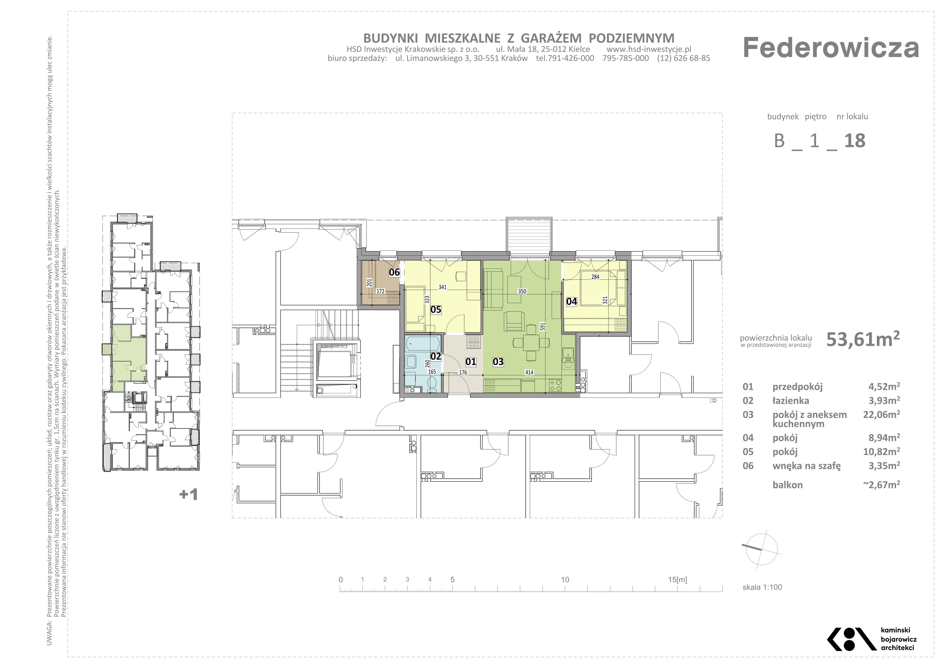3 pokoje, mieszkanie 53,61 m², piętro 1, oferta nr B/18, Federowicza – Ruczaj Park, Kraków, Dębniki, Skotniki, ul. Federowicza