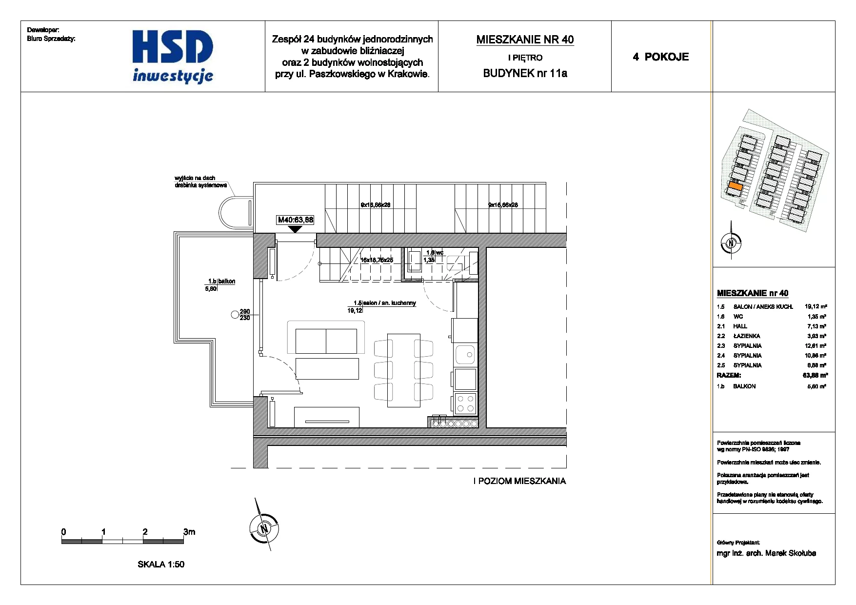 4 pokoje, mieszkanie 60,95 m², piętro 1, oferta nr 40, Paszkowskiego/Pękowicka, Kraków, Prądnik Biały, ul. Pękowicka / Paszkowskiego