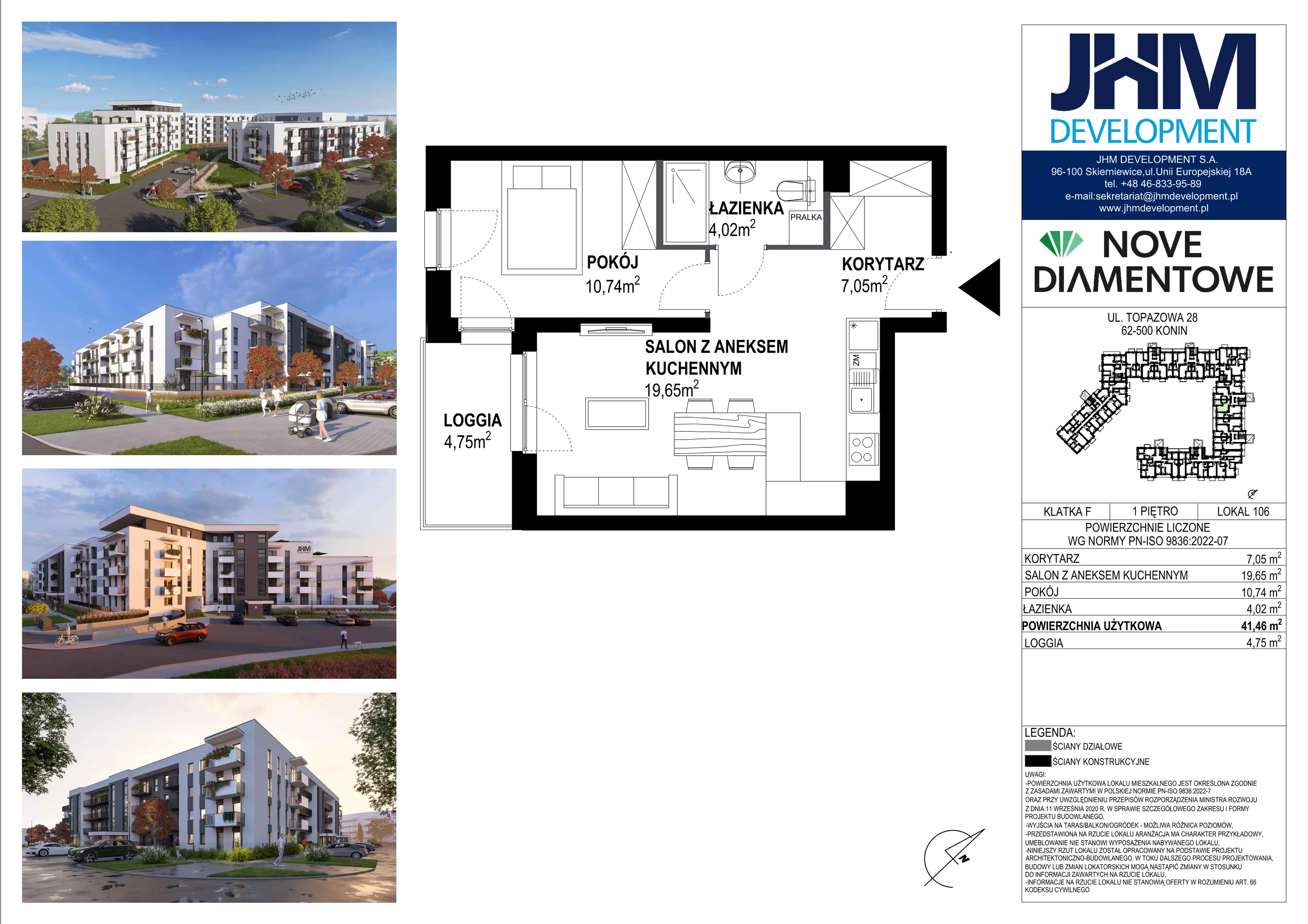 2 pokoje, mieszkanie 41,46 m², piętro 1, oferta nr 106, Nove Diamentowe, Konin, Starówka, ul. Topazowa 28