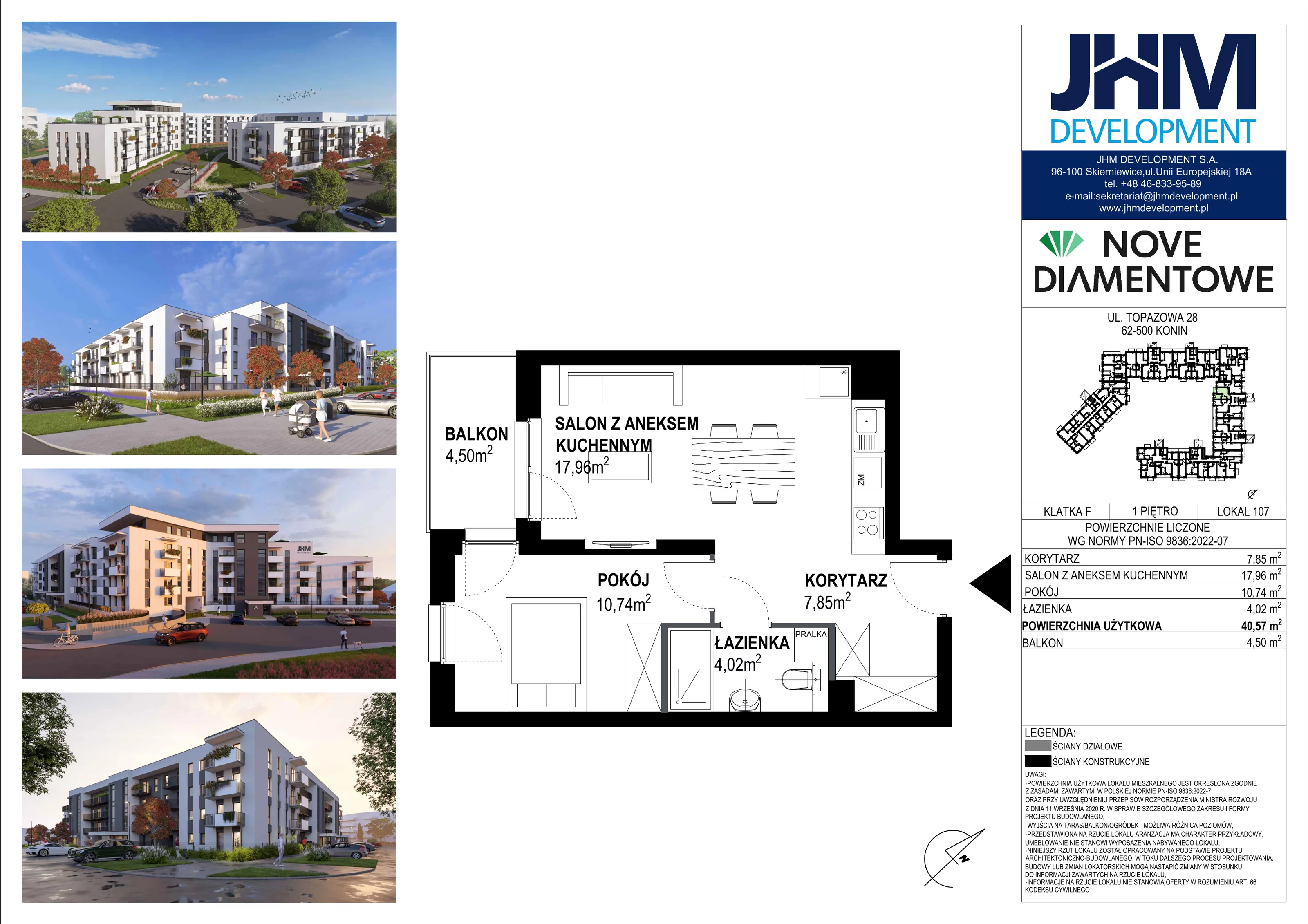 2 pokoje, mieszkanie 40,57 m², piętro 1, oferta nr 107, Nove Diamentowe, Konin, Starówka, ul. Topazowa 28