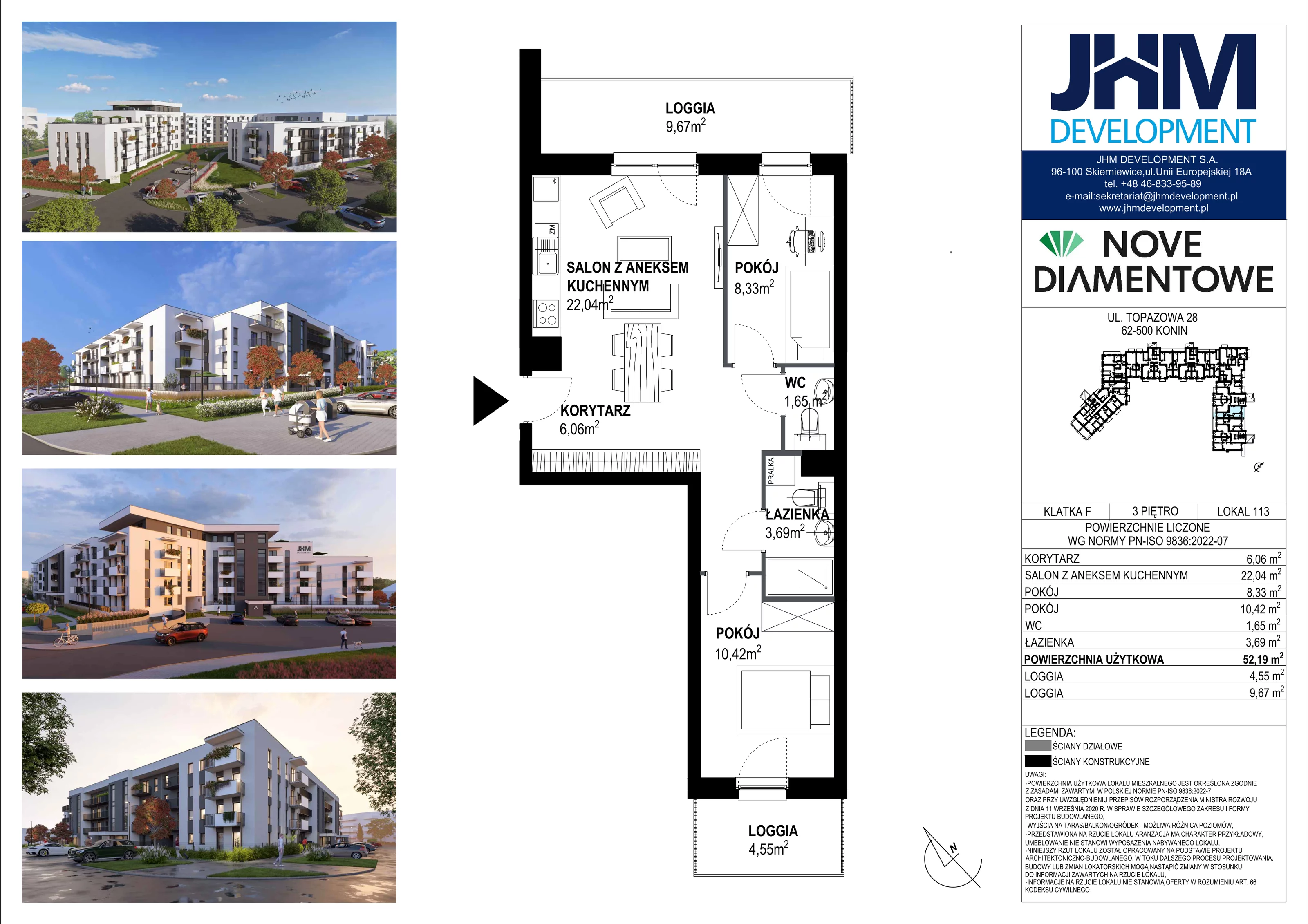 3 pokoje, mieszkanie 52,19 m², piętro 3, oferta nr 113, Nove Diamentowe, Konin, Starówka, ul. Topazowa 28