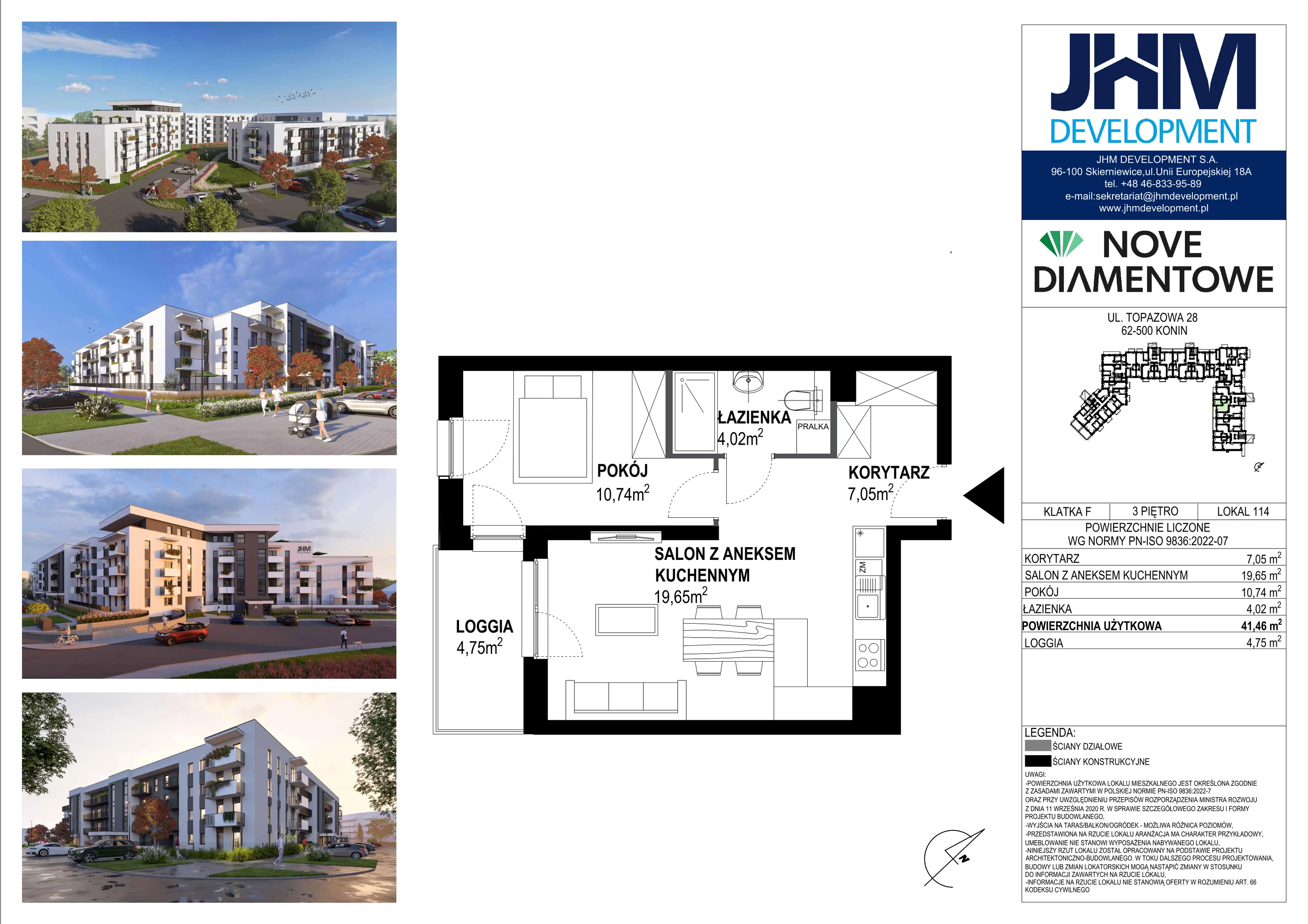 2 pokoje, mieszkanie 41,46 m², piętro 3, oferta nr 114, Nove Diamentowe, Konin, Starówka, ul. Topazowa 28