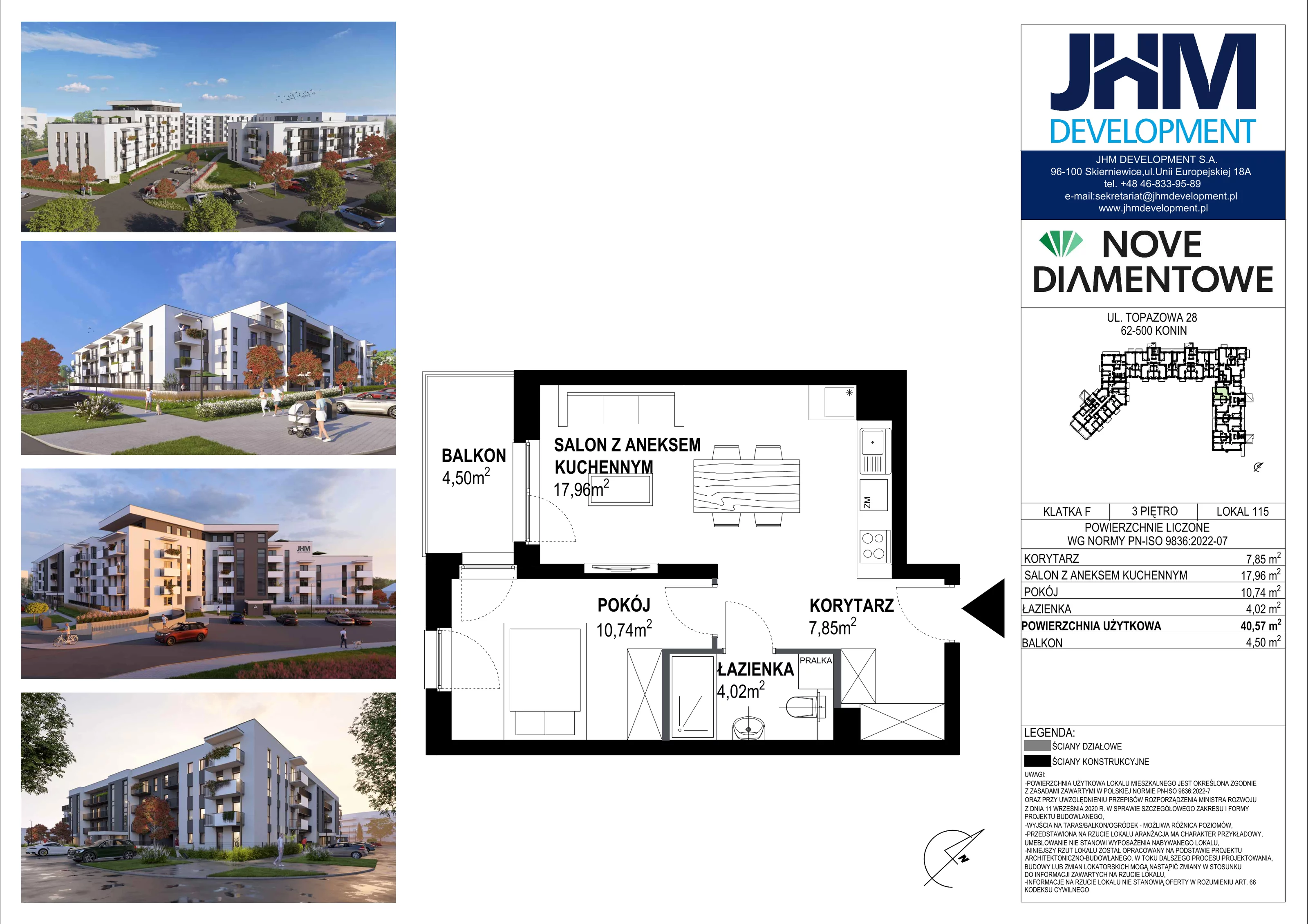 2 pokoje, mieszkanie 40,57 m², piętro 3, oferta nr 115, Nove Diamentowe, Konin, Starówka, ul. Topazowa 28
