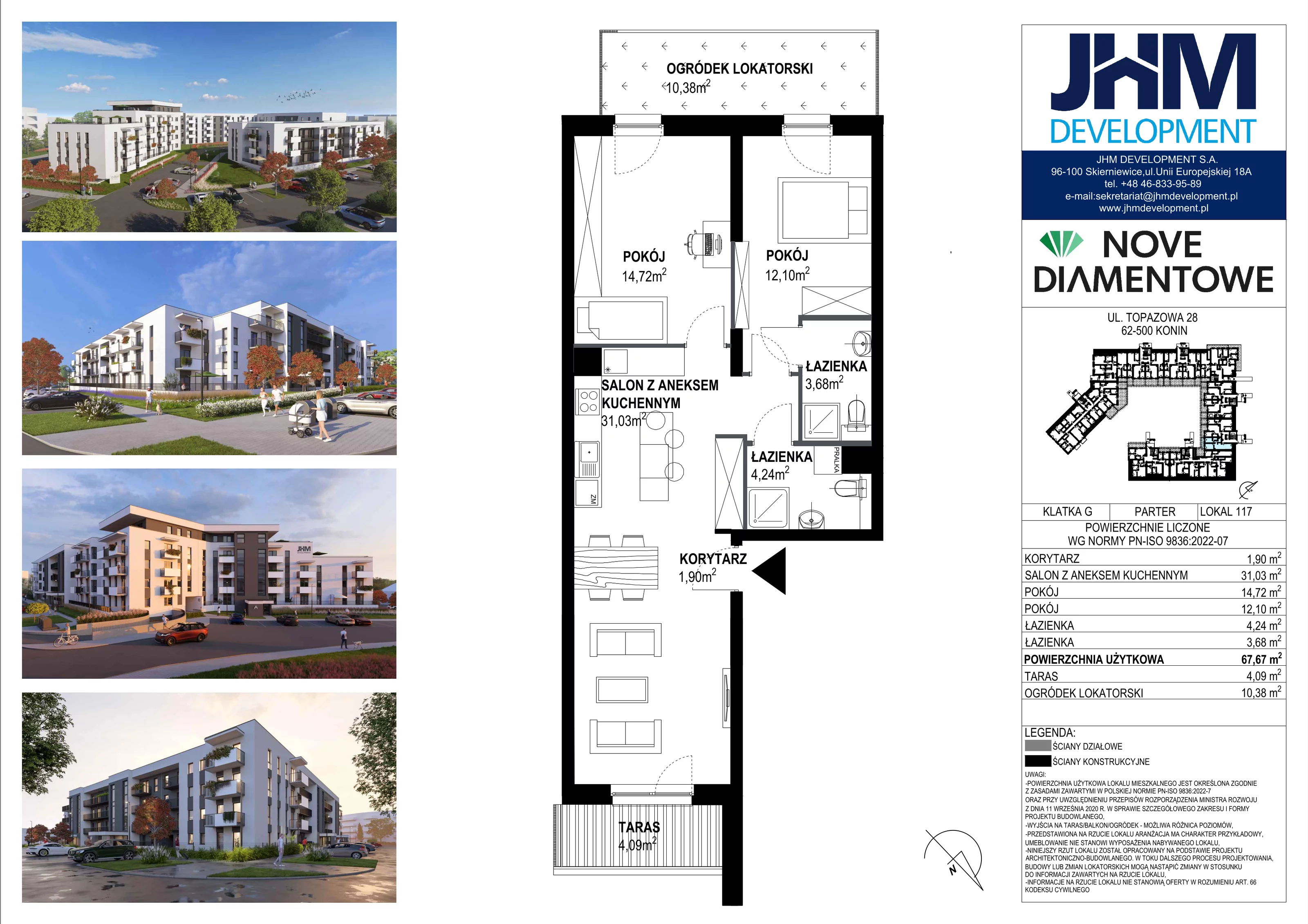 3 pokoje, mieszkanie 67,67 m², parter, oferta nr 117, Nove Diamentowe, Konin, Starówka, ul. Topazowa 28