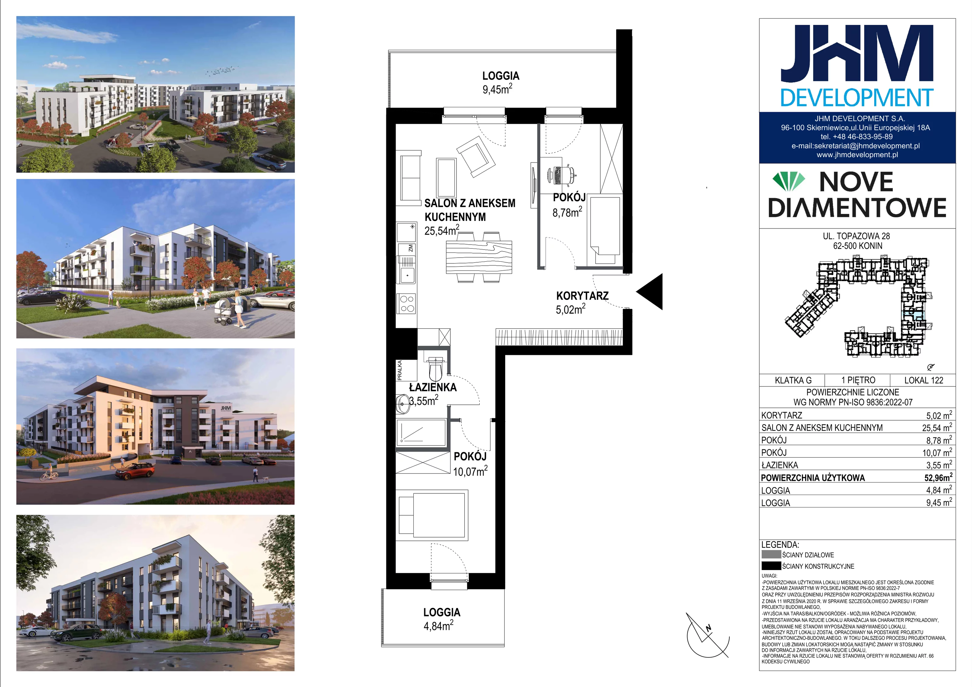 3 pokoje, mieszkanie 52,96 m², piętro 1, oferta nr 122, Nove Diamentowe, Konin, Starówka, ul. Topazowa 28