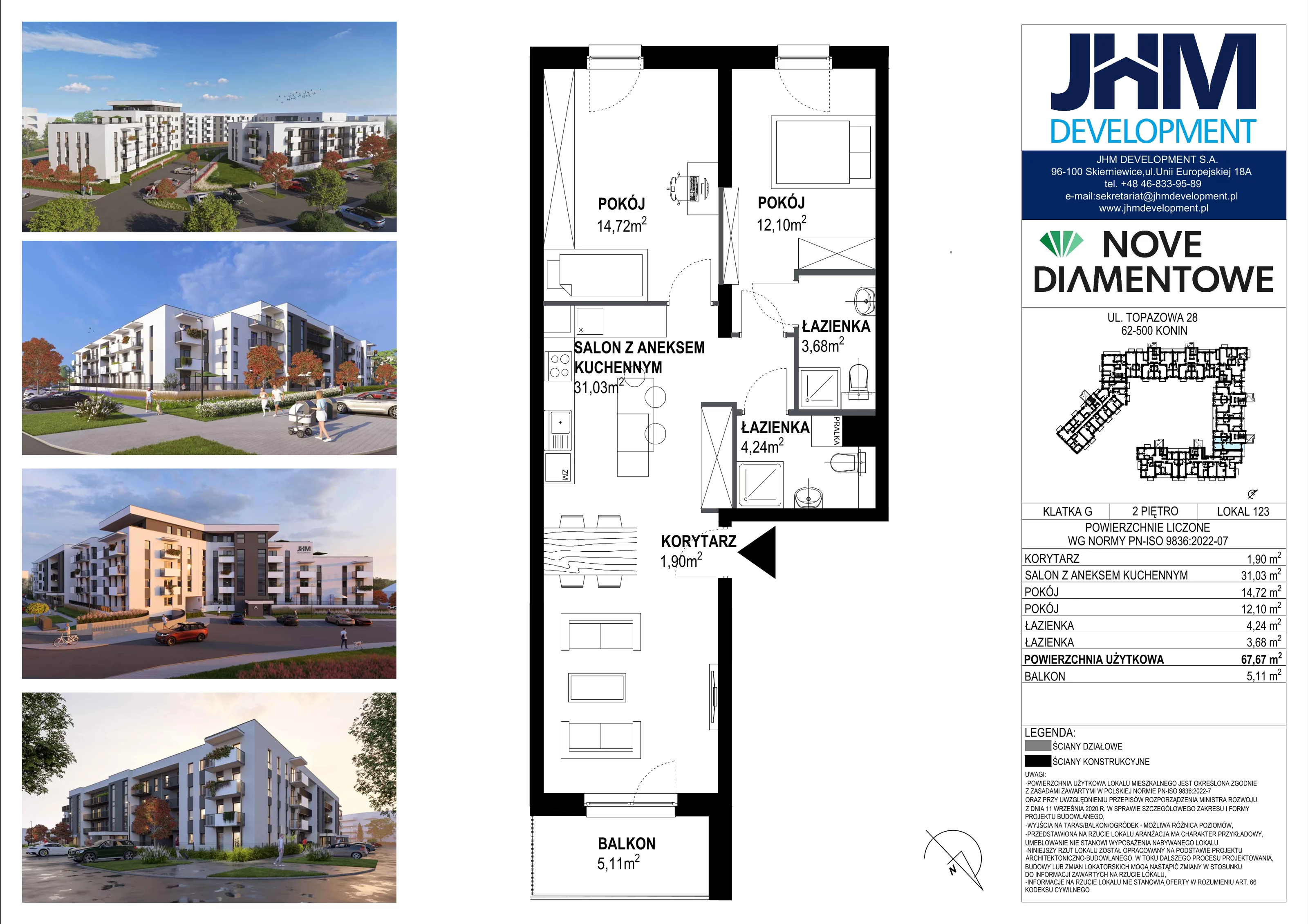 3 pokoje, mieszkanie 67,67 m², piętro 2, oferta nr 123, Nove Diamentowe, Konin, Starówka, ul. Topazowa 28