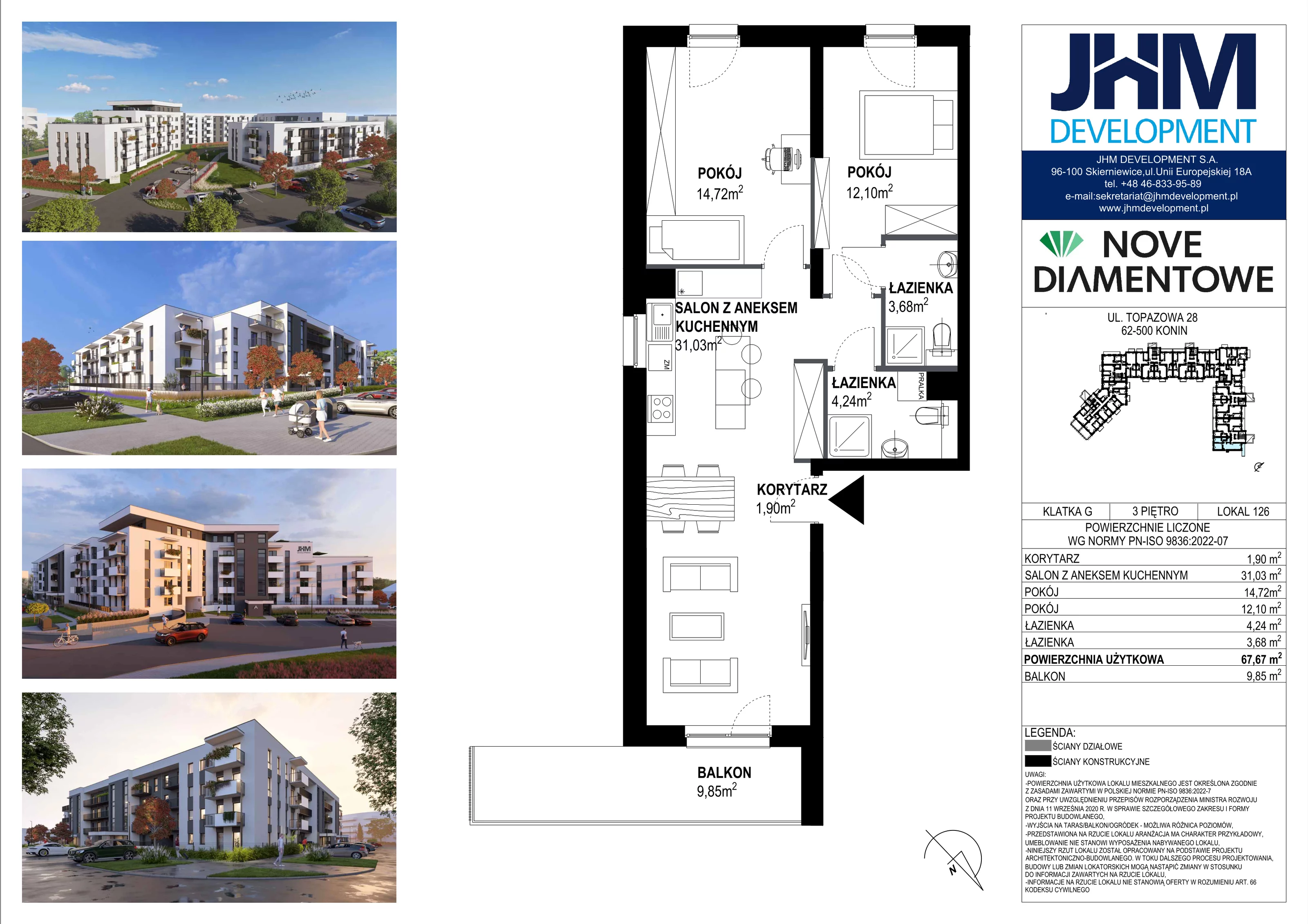 3 pokoje, mieszkanie 67,67 m², piętro 3, oferta nr 126, Nove Diamentowe, Konin, Starówka, ul. Topazowa 28