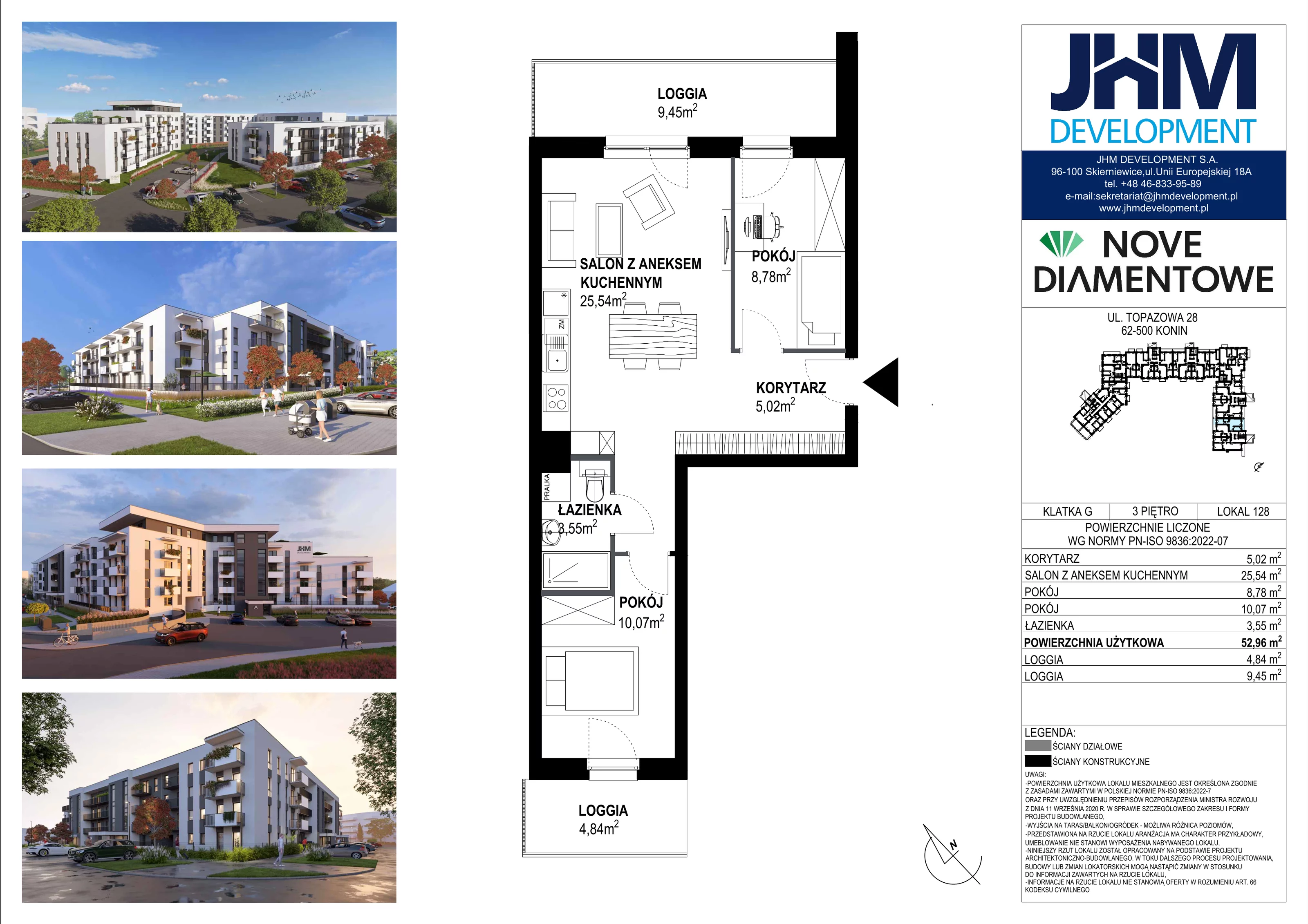 3 pokoje, mieszkanie 52,96 m², piętro 3, oferta nr 128, Nove Diamentowe, Konin, Starówka, ul. Topazowa 28