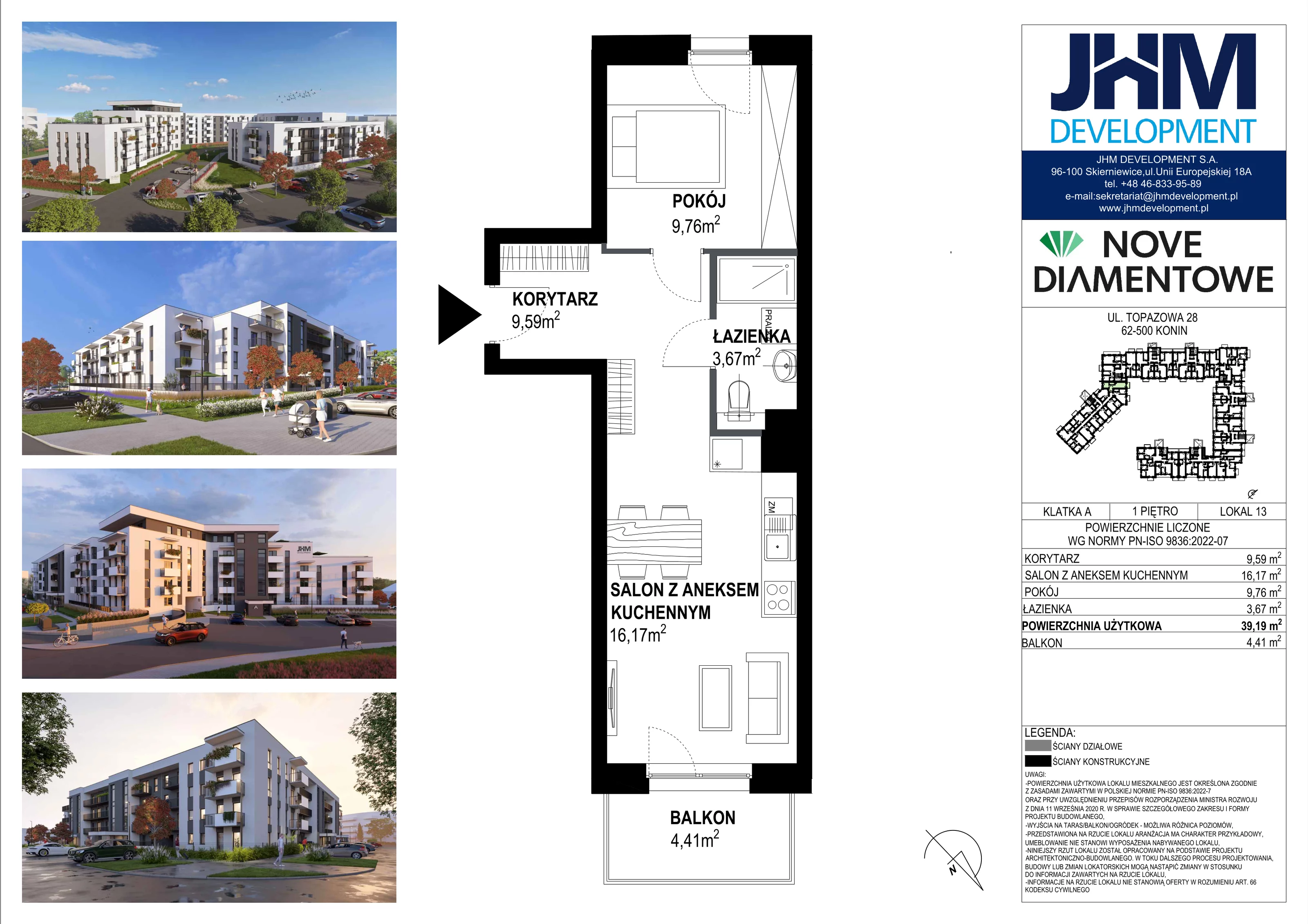 2 pokoje, mieszkanie 39,19 m², piętro 1, oferta nr 13, Nove Diamentowe, Konin, Starówka, ul. Topazowa 28