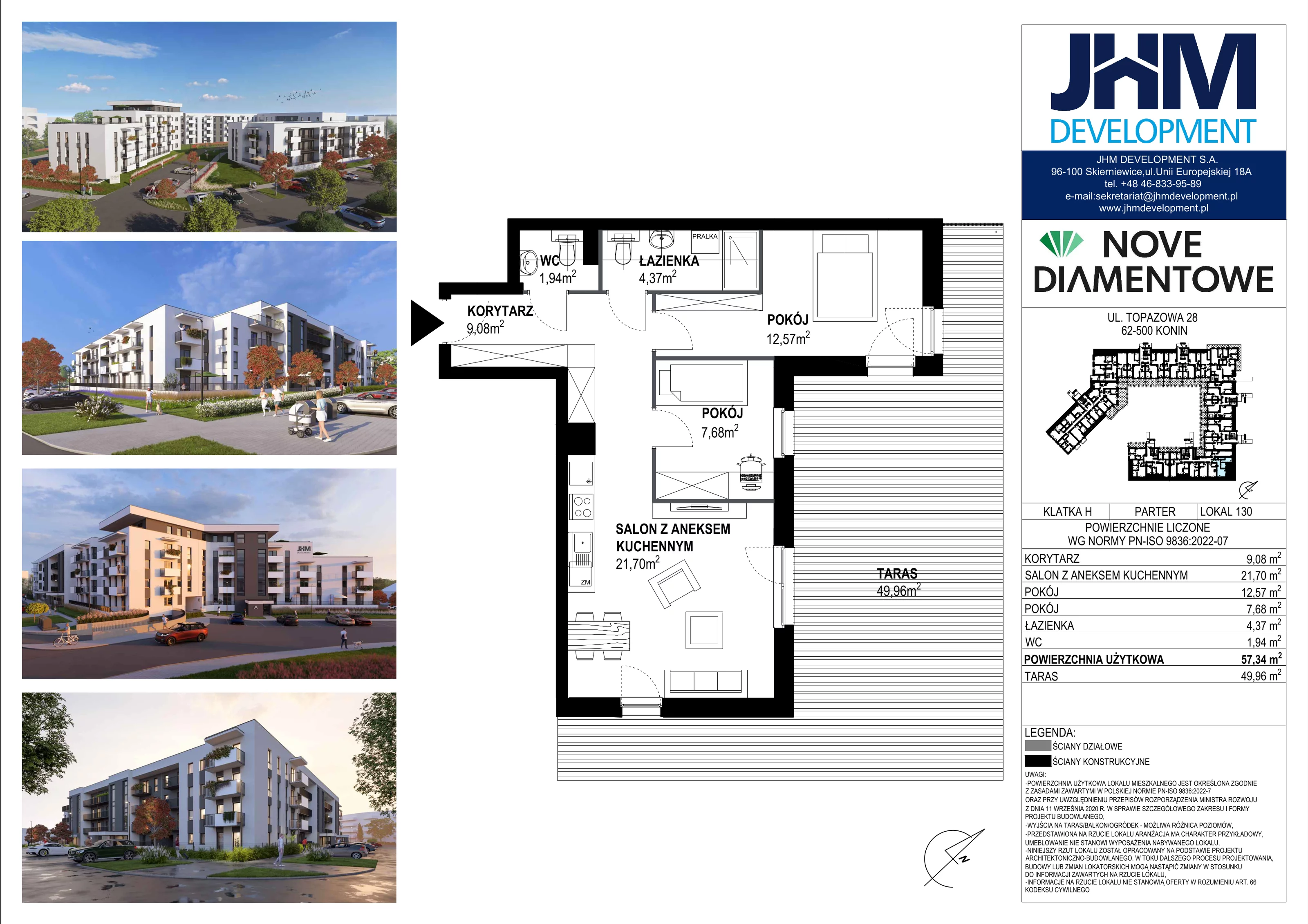 3 pokoje, mieszkanie 57,34 m², parter, oferta nr 130, Nove Diamentowe, Konin, Starówka, ul. Topazowa 28