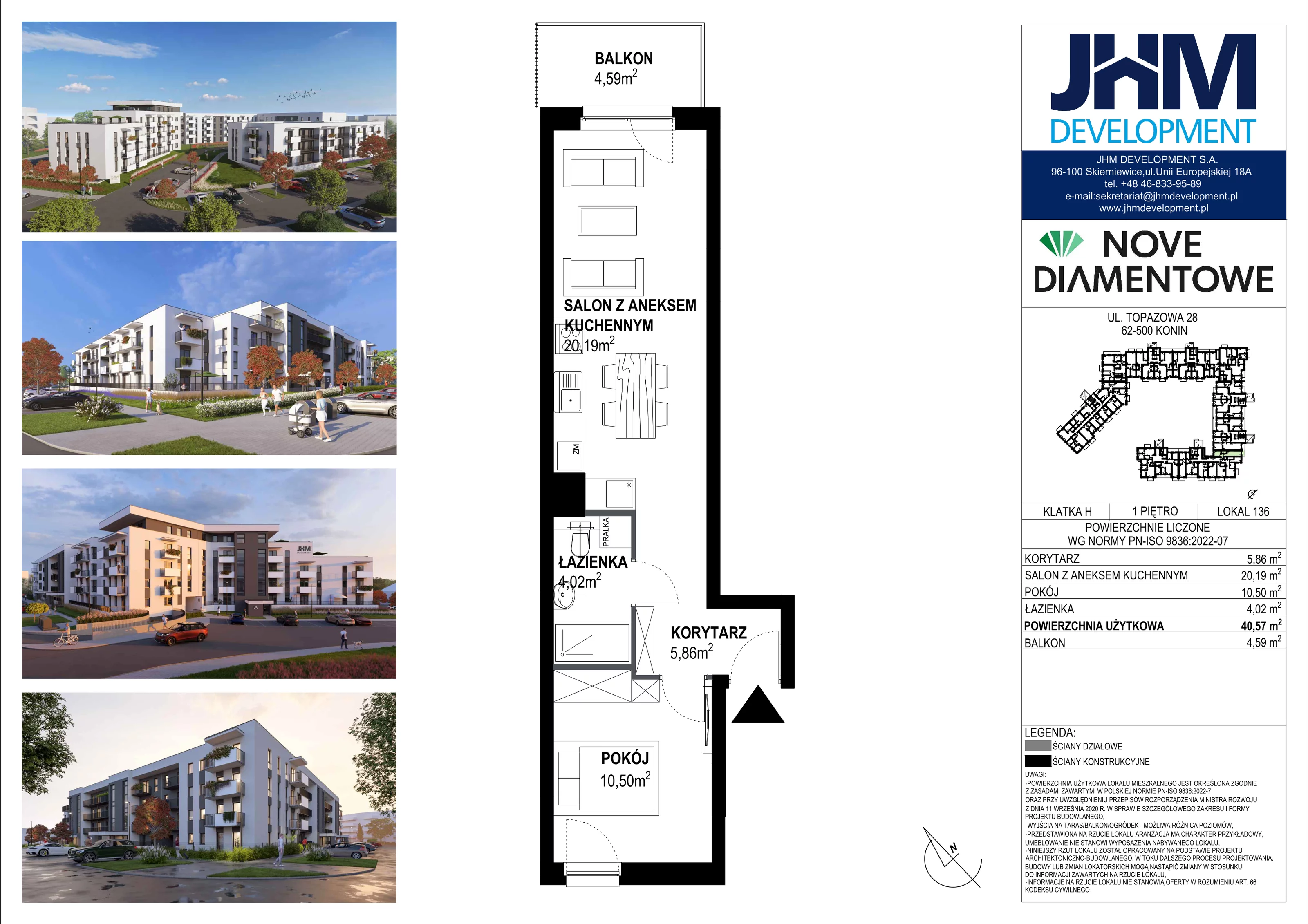 2 pokoje, mieszkanie 40,57 m², piętro 1, oferta nr 136, Nove Diamentowe, Konin, Starówka, ul. Topazowa 28