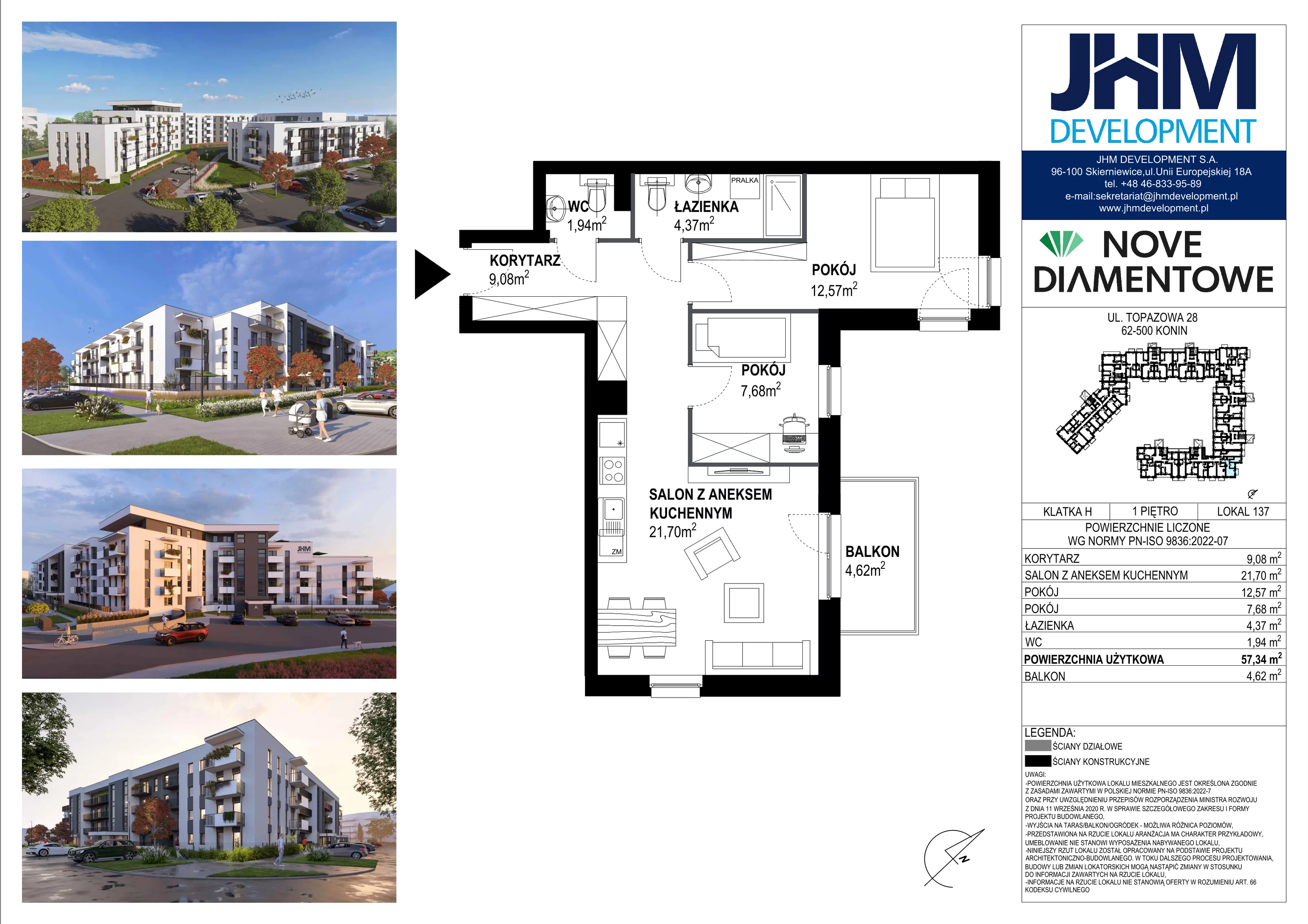 3 pokoje, mieszkanie 57,34 m², piętro 1, oferta nr 137, Nove Diamentowe, Konin, Starówka, ul. Topazowa 28