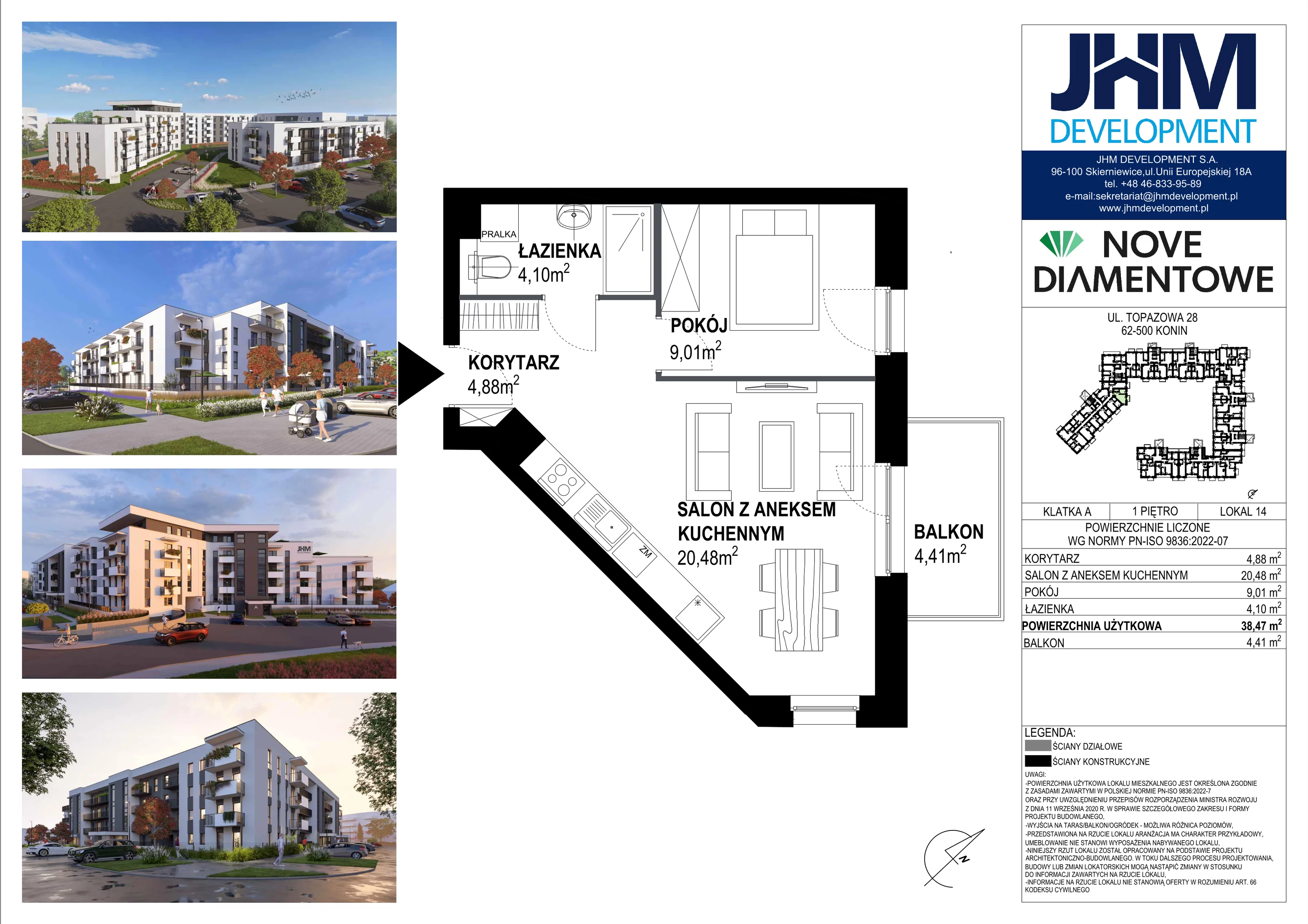 2 pokoje, mieszkanie 38,47 m², piętro 1, oferta nr 14, Nove Diamentowe, Konin, Starówka, ul. Topazowa 28