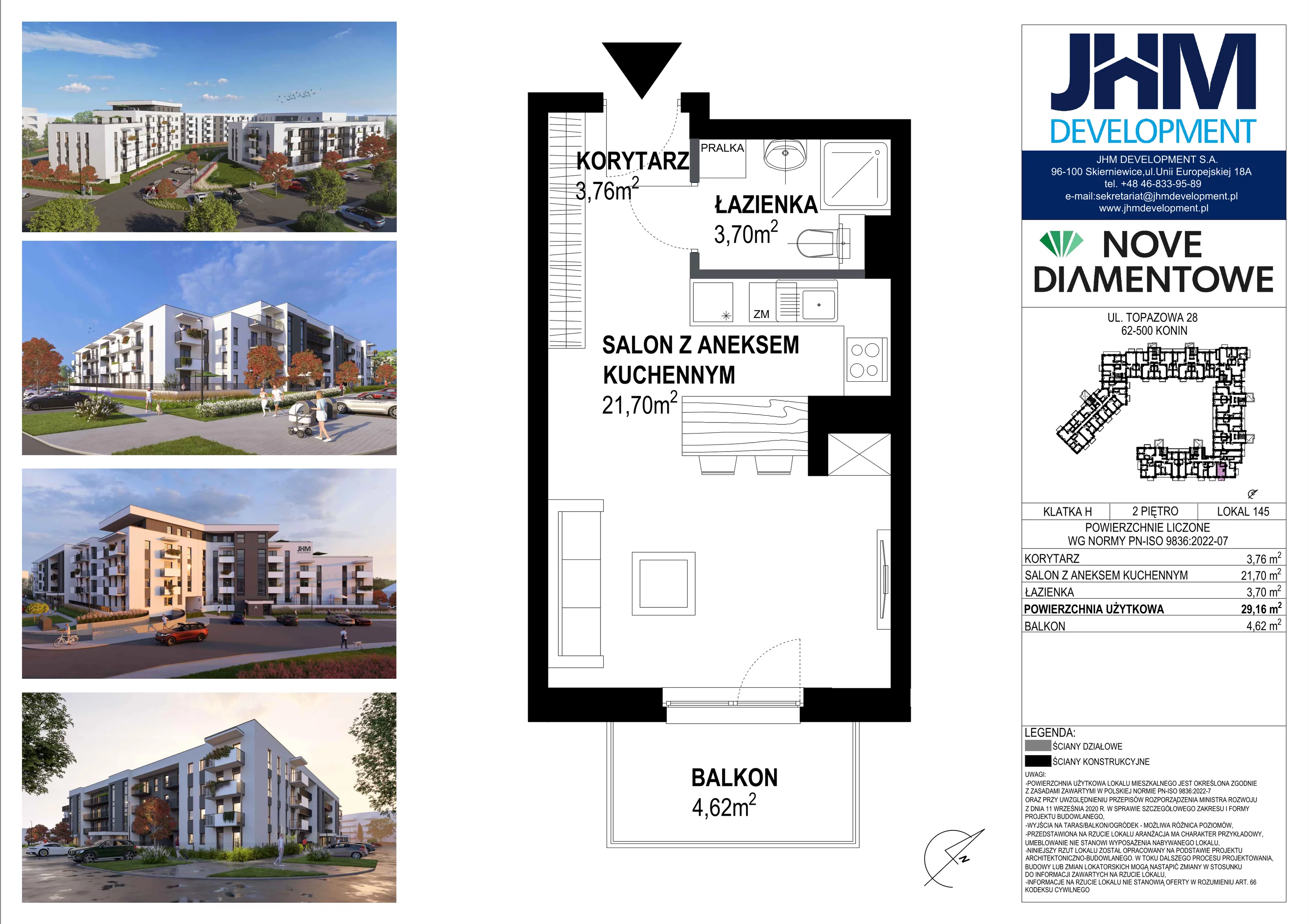 1 pokój, mieszkanie 29,16 m², piętro 2, oferta nr 145, Nove Diamentowe, Konin, Starówka, ul. Topazowa 28