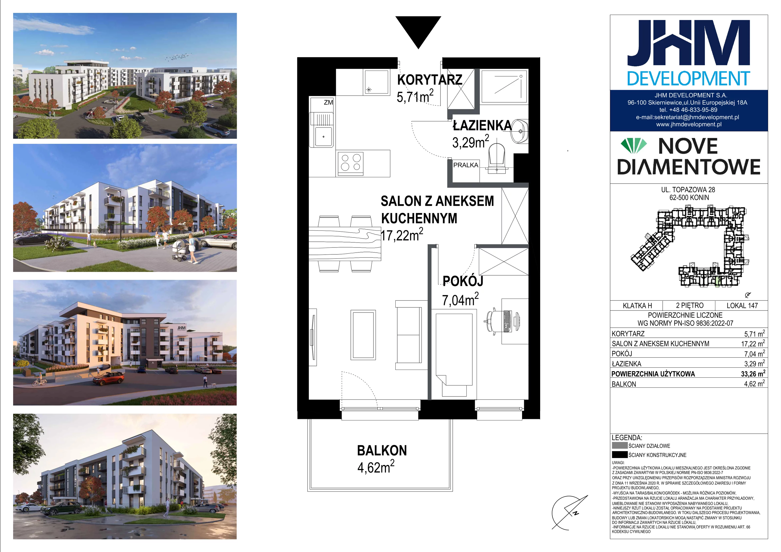 2 pokoje, mieszkanie 33,26 m², piętro 2, oferta nr 147, Nove Diamentowe, Konin, Starówka, ul. Topazowa 28
