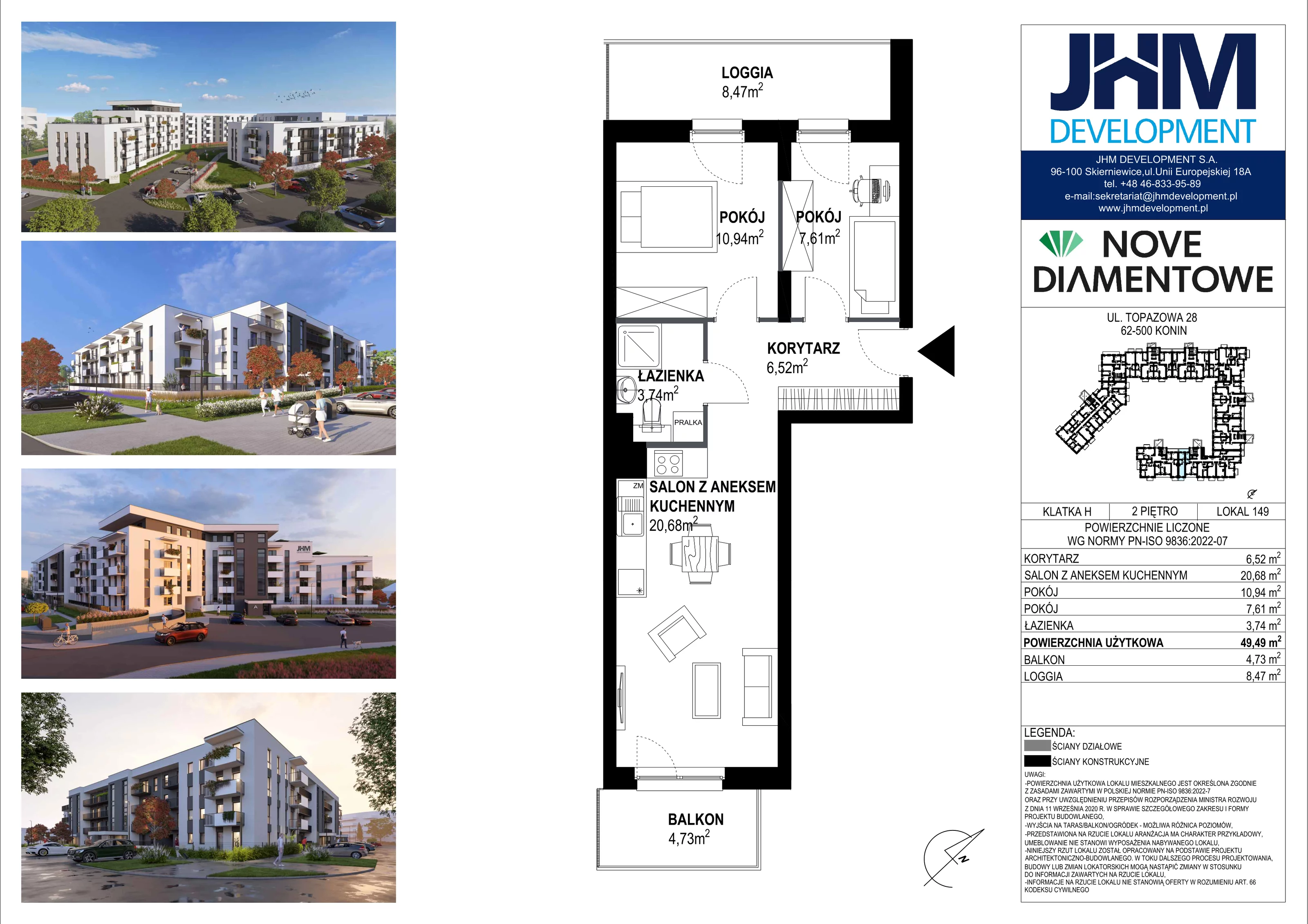 3 pokoje, mieszkanie 49,49 m², piętro 2, oferta nr 149, Nove Diamentowe, Konin, Starówka, ul. Topazowa 28