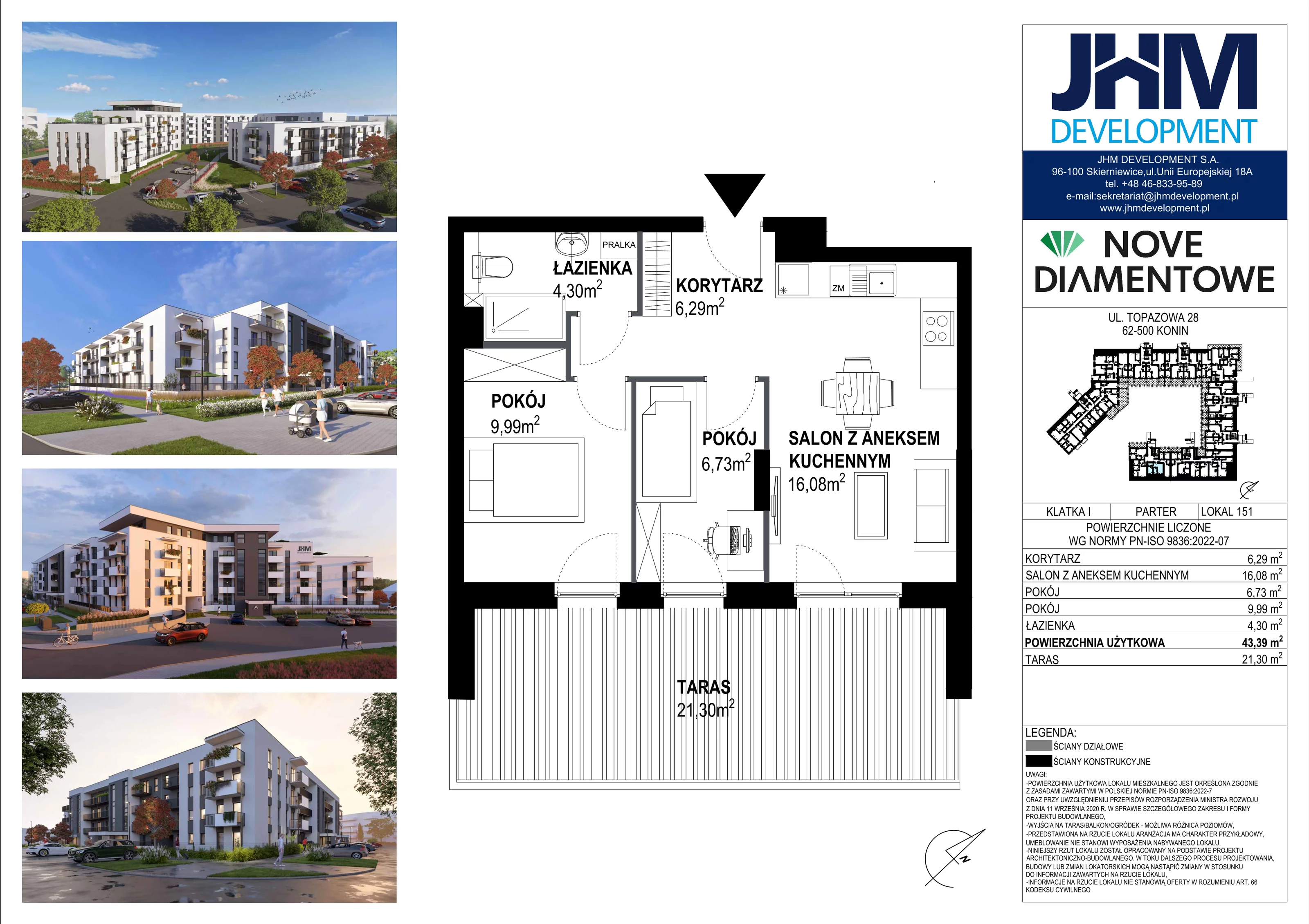 3 pokoje, mieszkanie 43,39 m², parter, oferta nr 151, Nove Diamentowe, Konin, Starówka, ul. Topazowa 28