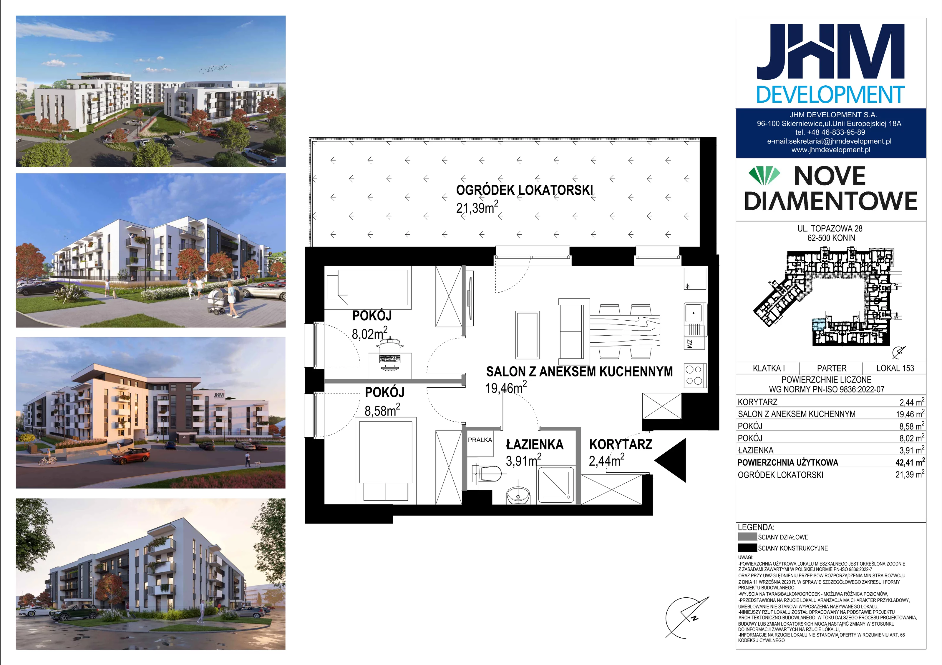 3 pokoje, mieszkanie 42,41 m², parter, oferta nr 153, Nove Diamentowe, Konin, Starówka, ul. Topazowa 28