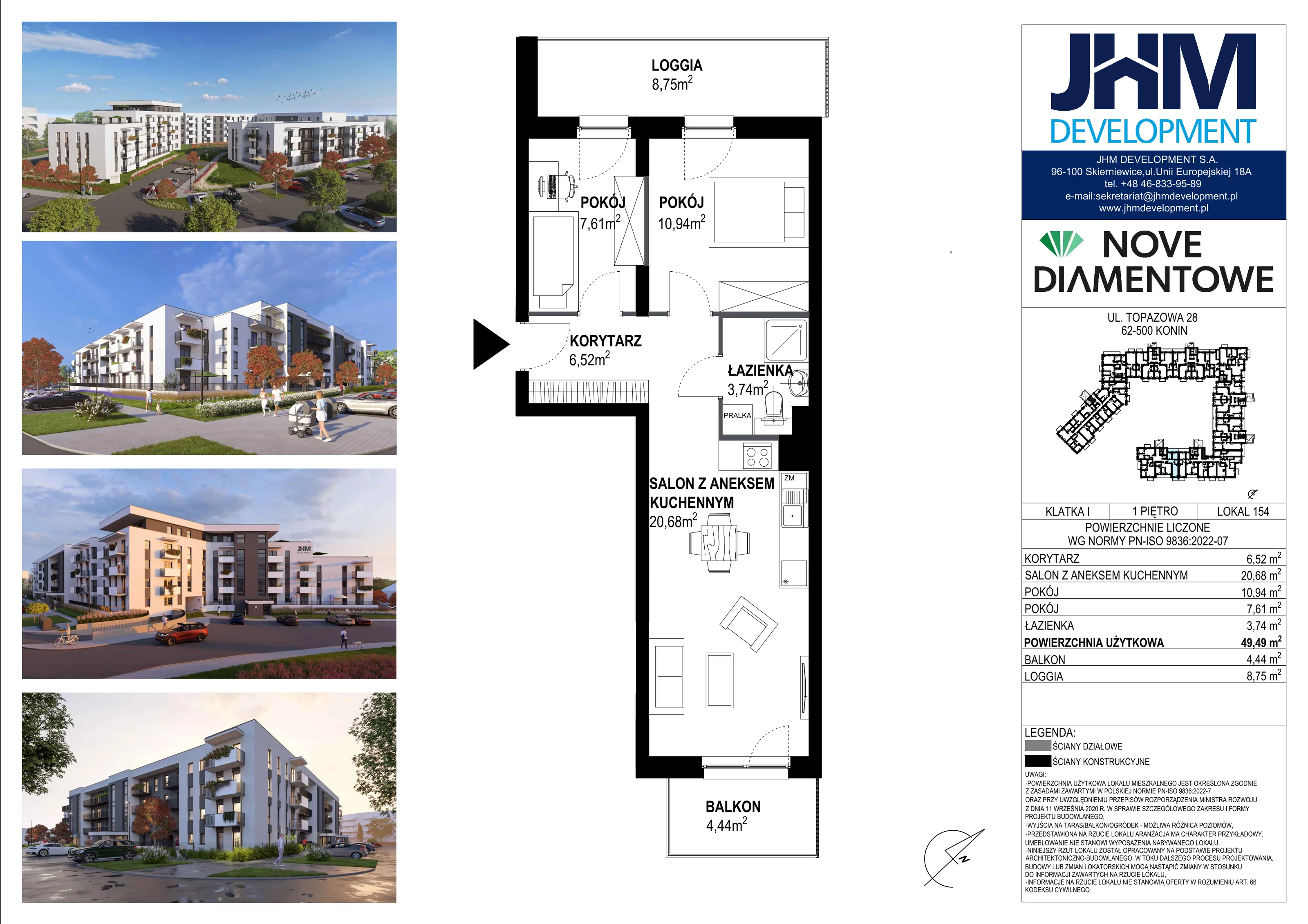 3 pokoje, mieszkanie 49,49 m², piętro 1, oferta nr 154, Nove Diamentowe, Konin, Starówka, ul. Topazowa 28