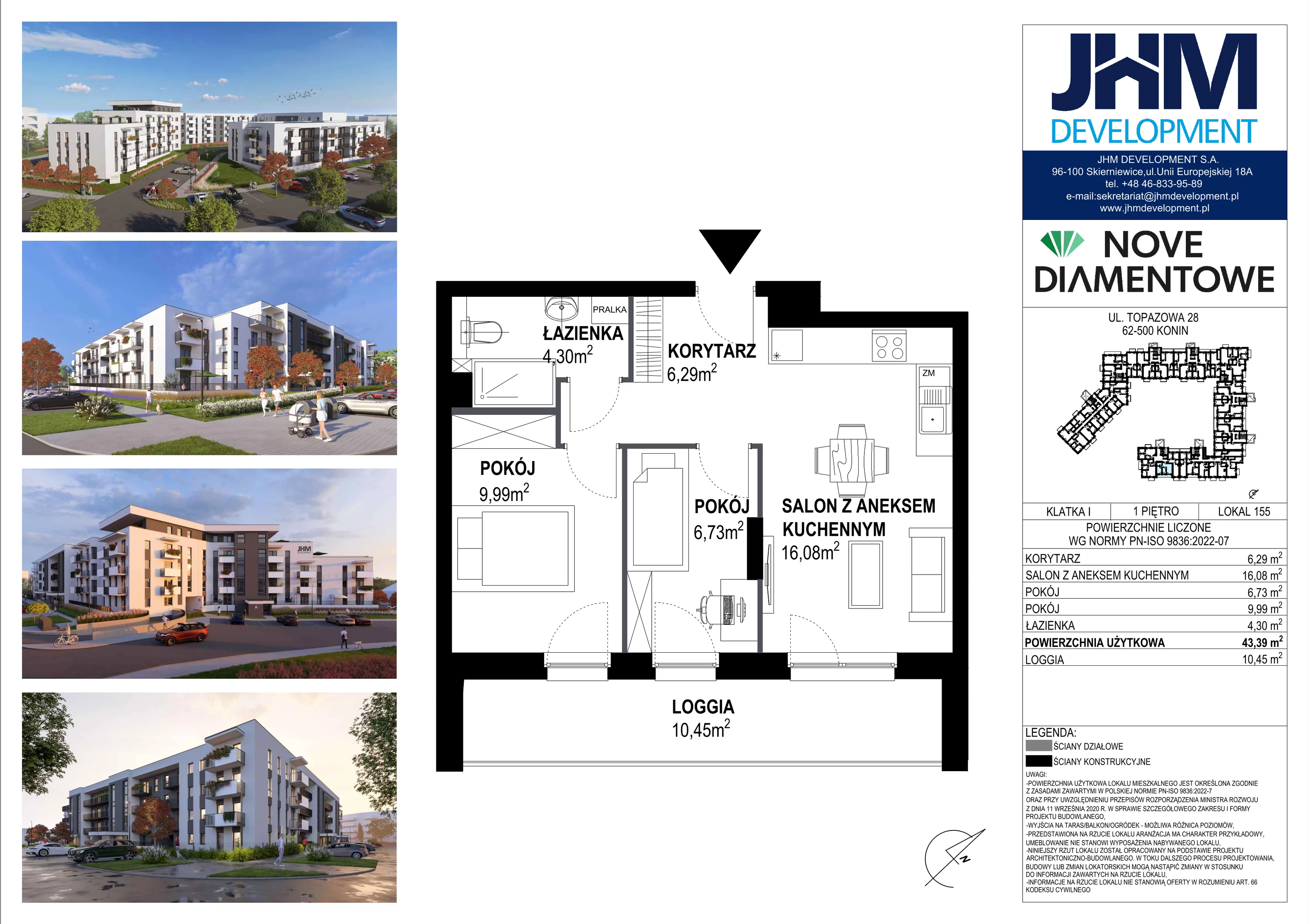 3 pokoje, mieszkanie 43,39 m², piętro 1, oferta nr 155, Nove Diamentowe, Konin, Starówka, ul. Topazowa 28