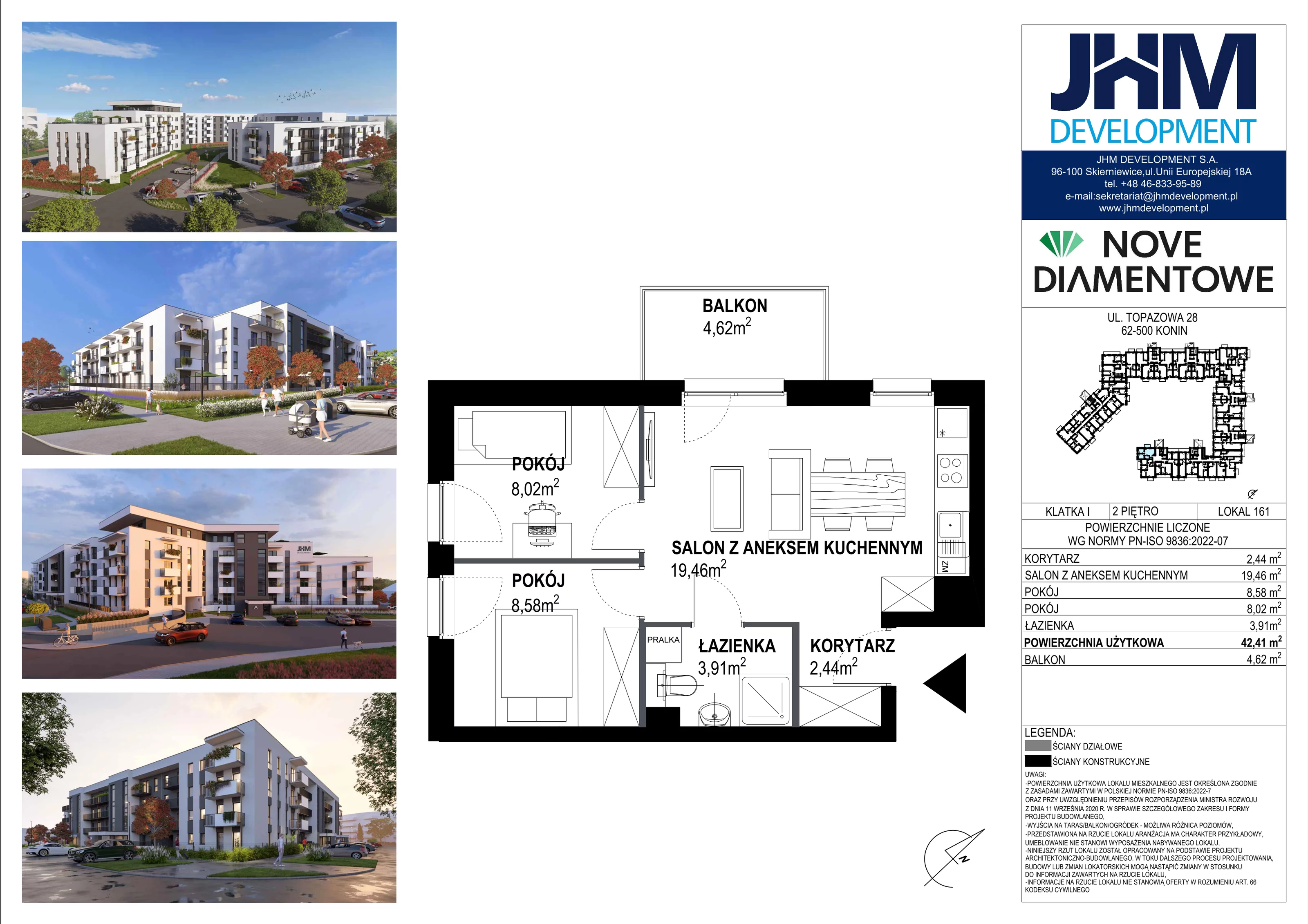 3 pokoje, mieszkanie 42,41 m², piętro 2, oferta nr 161, Nove Diamentowe, Konin, Starówka, ul. Topazowa 28