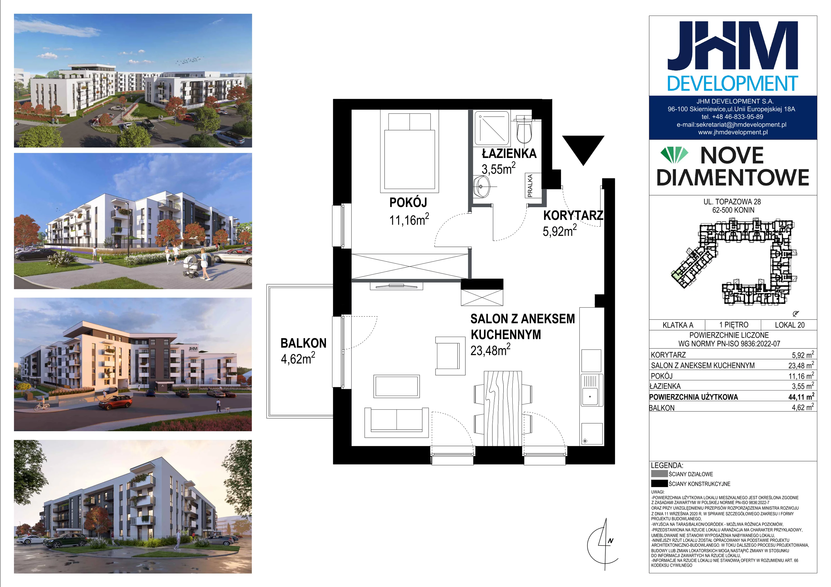 2 pokoje, mieszkanie 44,11 m², piętro 1, oferta nr 20, Nove Diamentowe, Konin, Starówka, ul. Topazowa 28