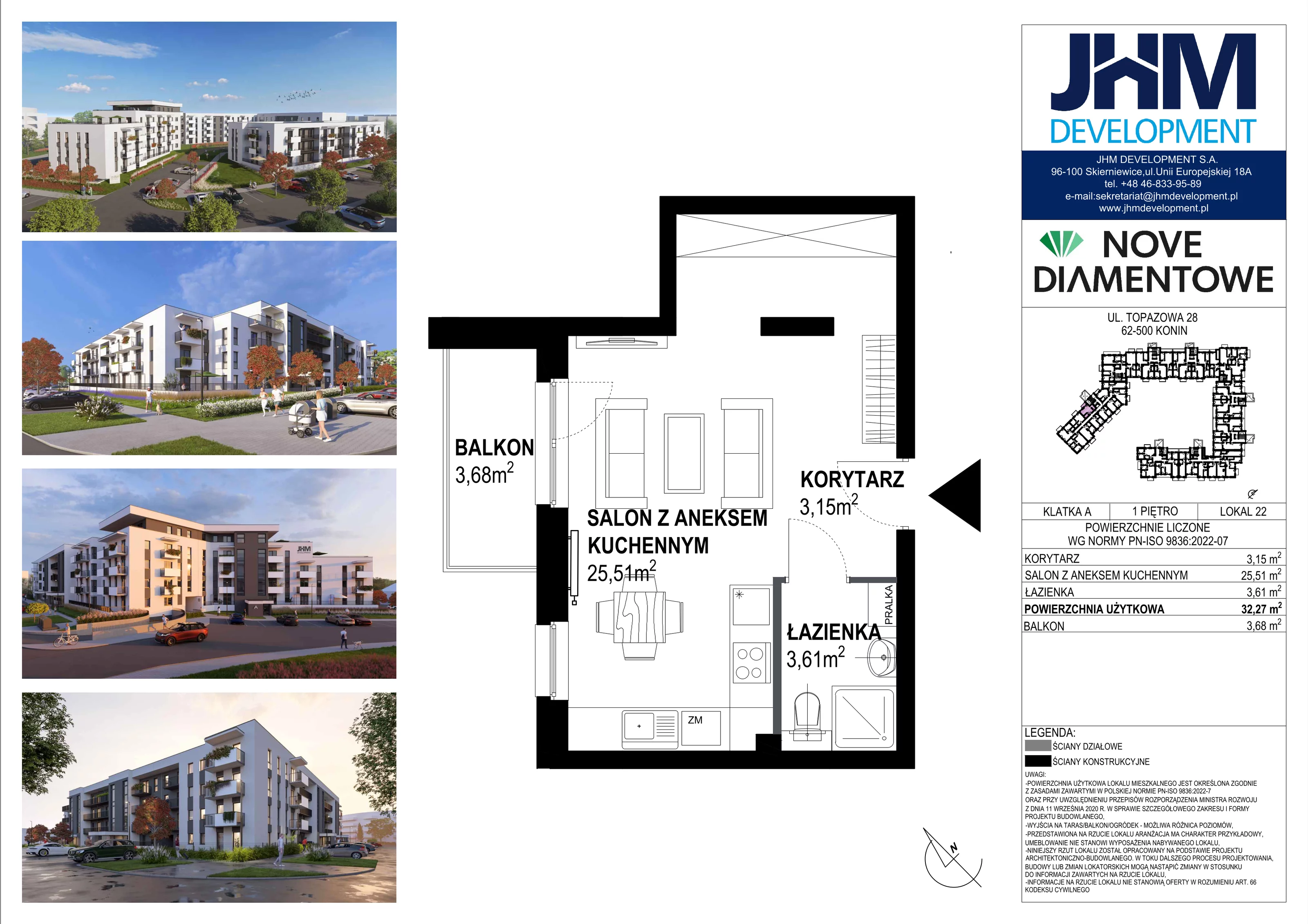 1 pokój, mieszkanie 32,27 m², piętro 1, oferta nr 22, Nove Diamentowe, Konin, Starówka, ul. Topazowa 28