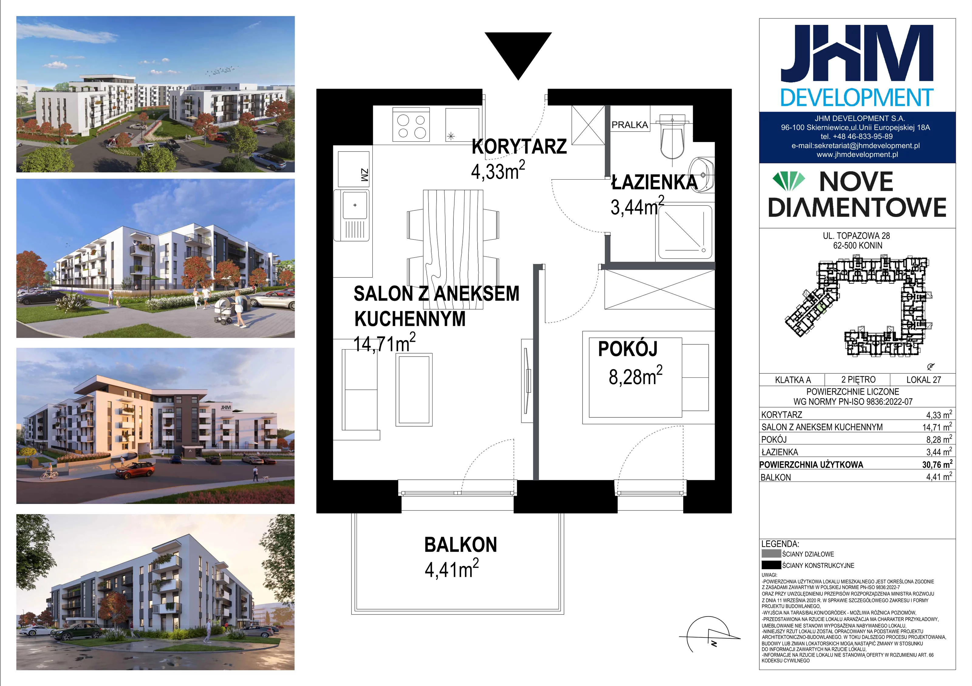 2 pokoje, mieszkanie 30,76 m², piętro 2, oferta nr 27, Nove Diamentowe, Konin, Starówka, ul. Topazowa 28
