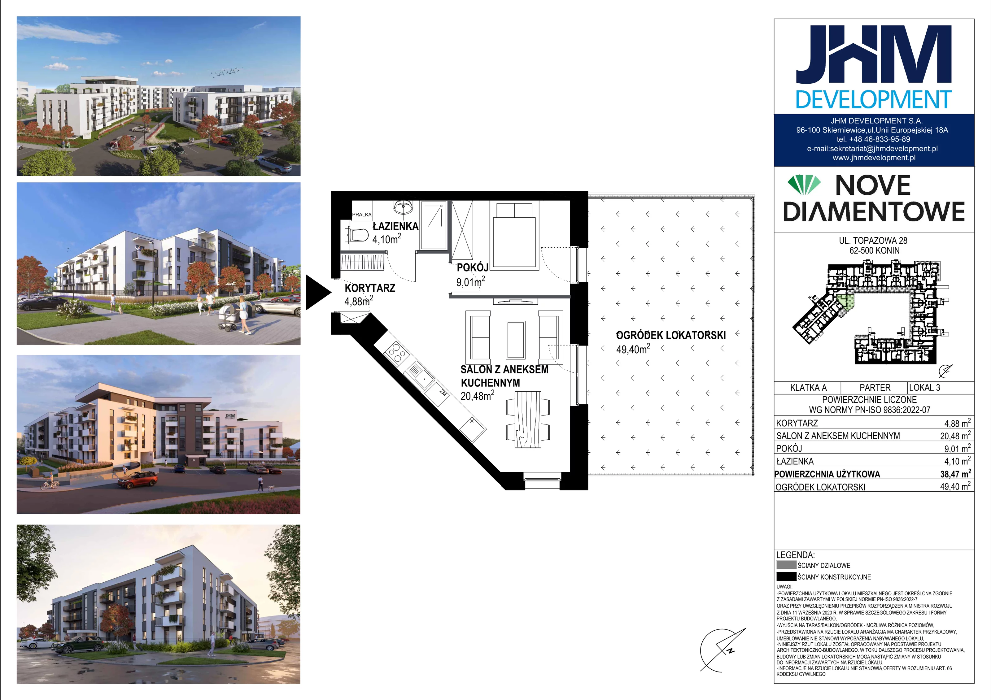 2 pokoje, mieszkanie 38,47 m², parter, oferta nr 3, Nove Diamentowe, Konin, Starówka, ul. Topazowa 28