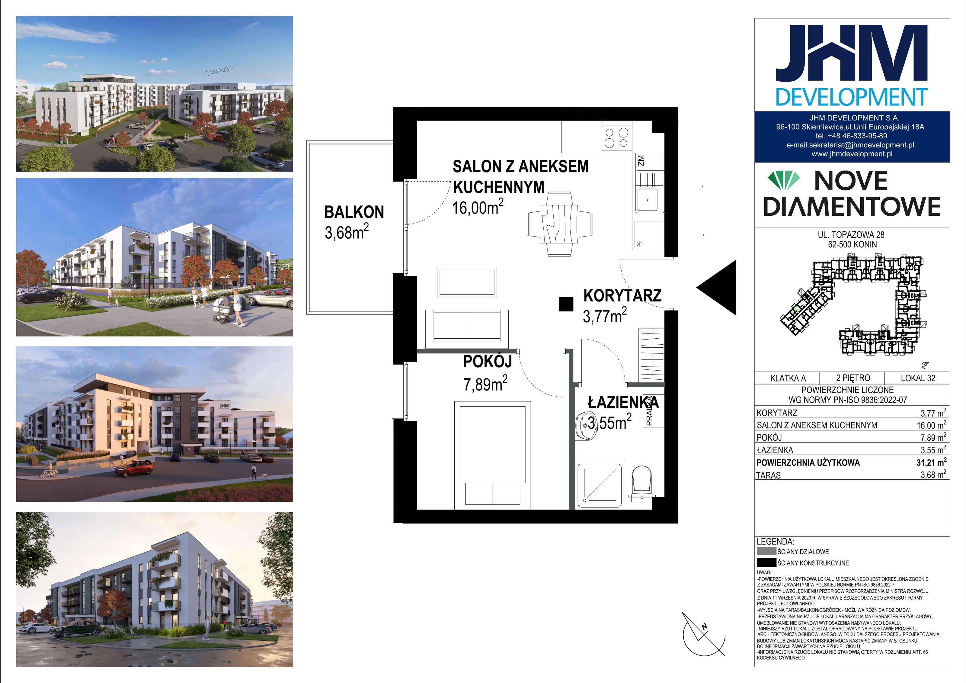 2 pokoje, mieszkanie 31,21 m², piętro 2, oferta nr 32, Nove Diamentowe, Konin, Starówka, ul. Topazowa 28