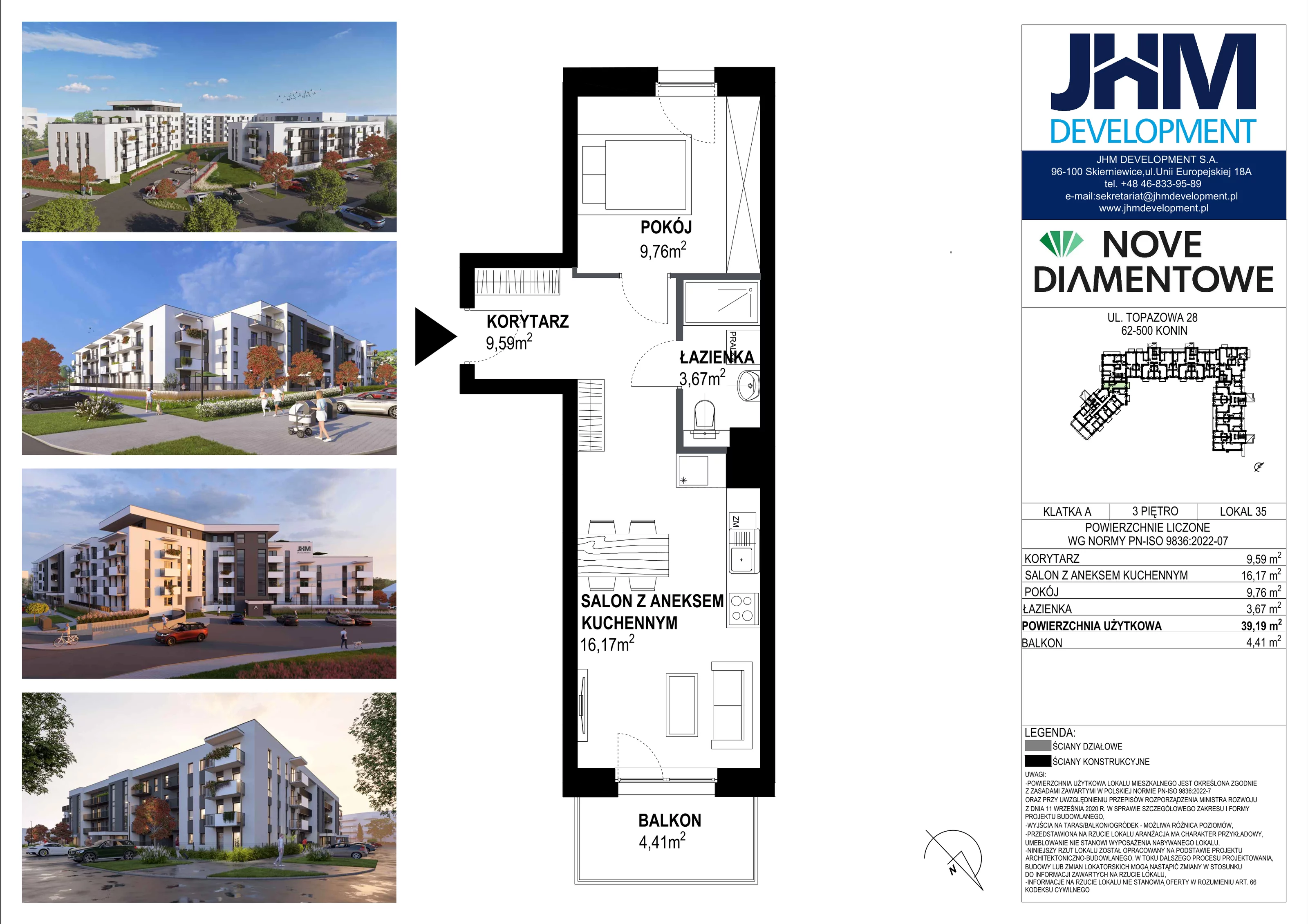 2 pokoje, mieszkanie 39,19 m², piętro 3, oferta nr 35, Nove Diamentowe, Konin, Starówka, ul. Topazowa 28