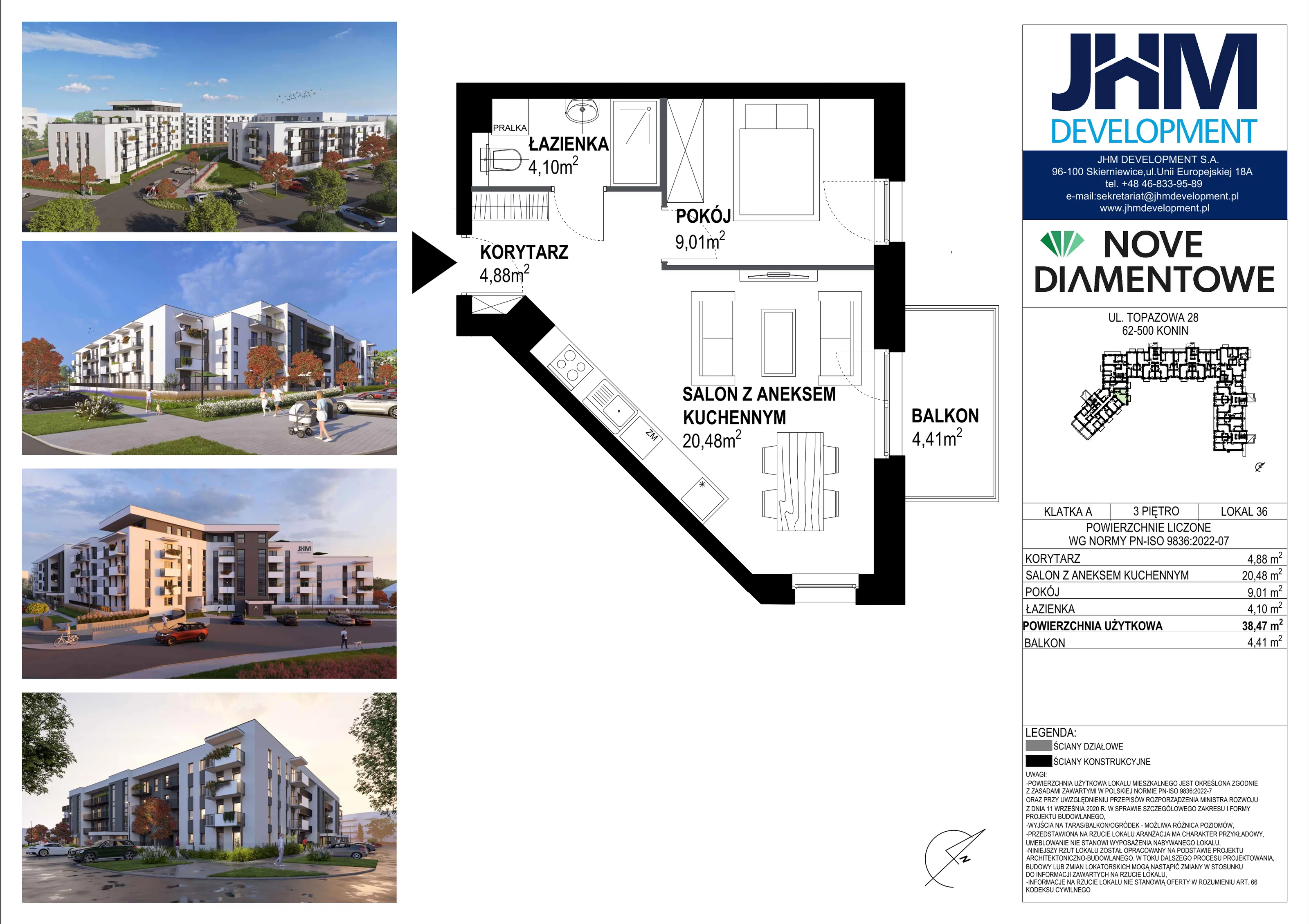 2 pokoje, mieszkanie 38,47 m², piętro 3, oferta nr 36, Nove Diamentowe, Konin, Starówka, ul. Topazowa 28