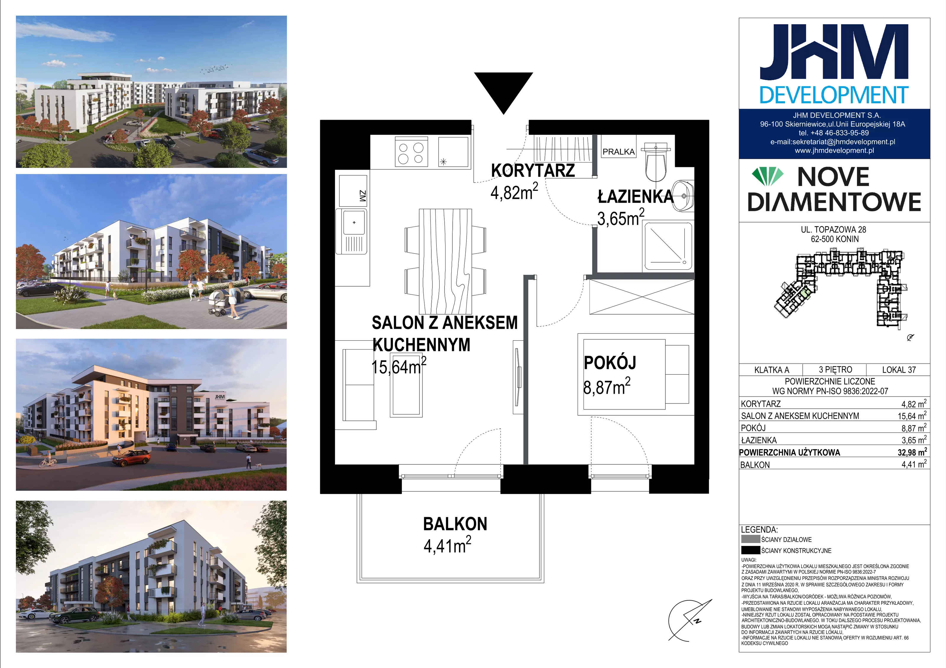 2 pokoje, mieszkanie 32,98 m², piętro 3, oferta nr 37, Nove Diamentowe, Konin, Starówka, ul. Topazowa 28