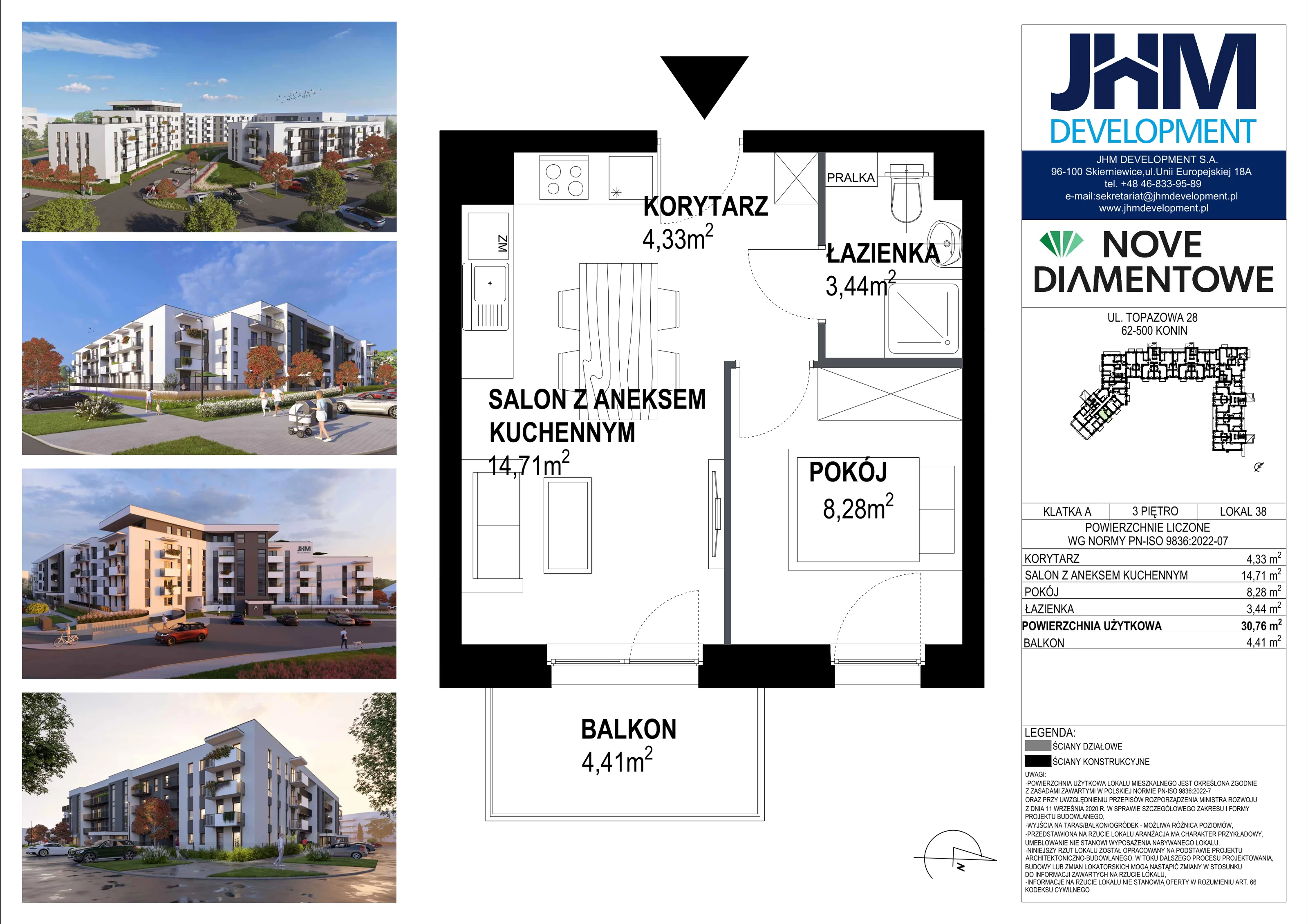 2 pokoje, mieszkanie 30,76 m², piętro 3, oferta nr 38, Nove Diamentowe, Konin, Starówka, ul. Topazowa 28