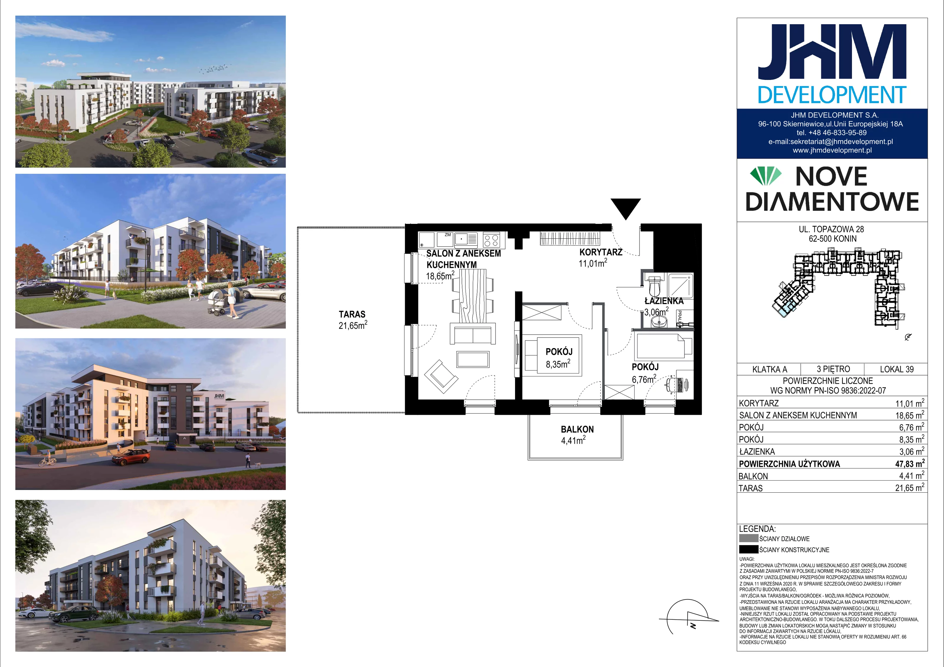 3 pokoje, mieszkanie 47,83 m², piętro 3, oferta nr 39, Nove Diamentowe, Konin, Starówka, ul. Topazowa 28